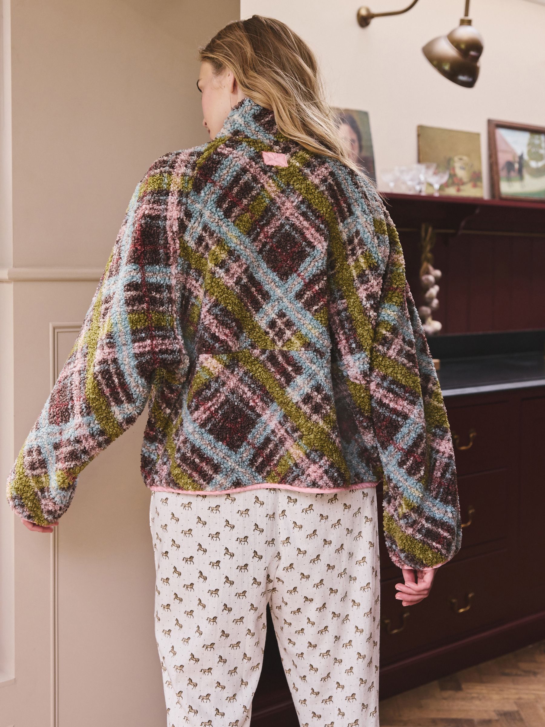 Button Through Borg Fleece - Green/Pink Tartan - Regular - Location Worn
