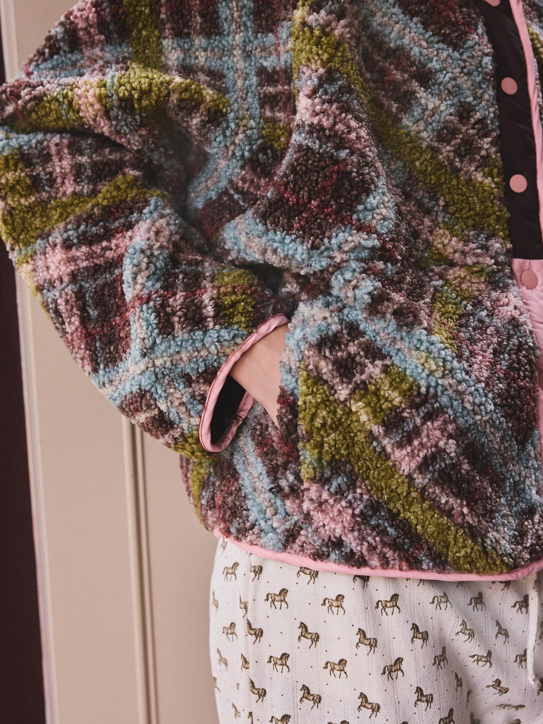 Button Through Borg Fleece - Green/Pink Tartan - Regular - Location Worn