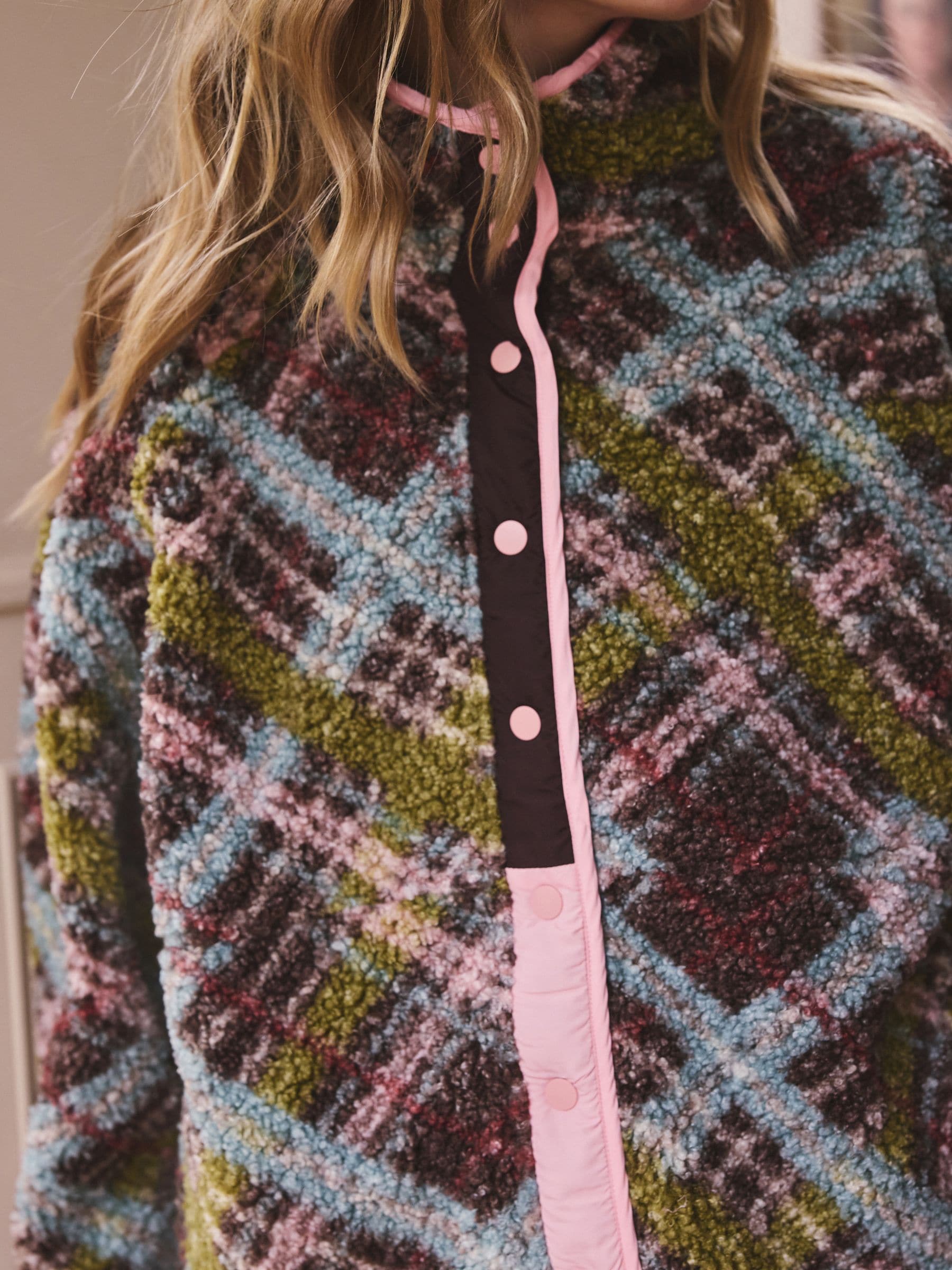Button Through Borg Fleece - Green/Pink Tartan - Regular - Location Worn