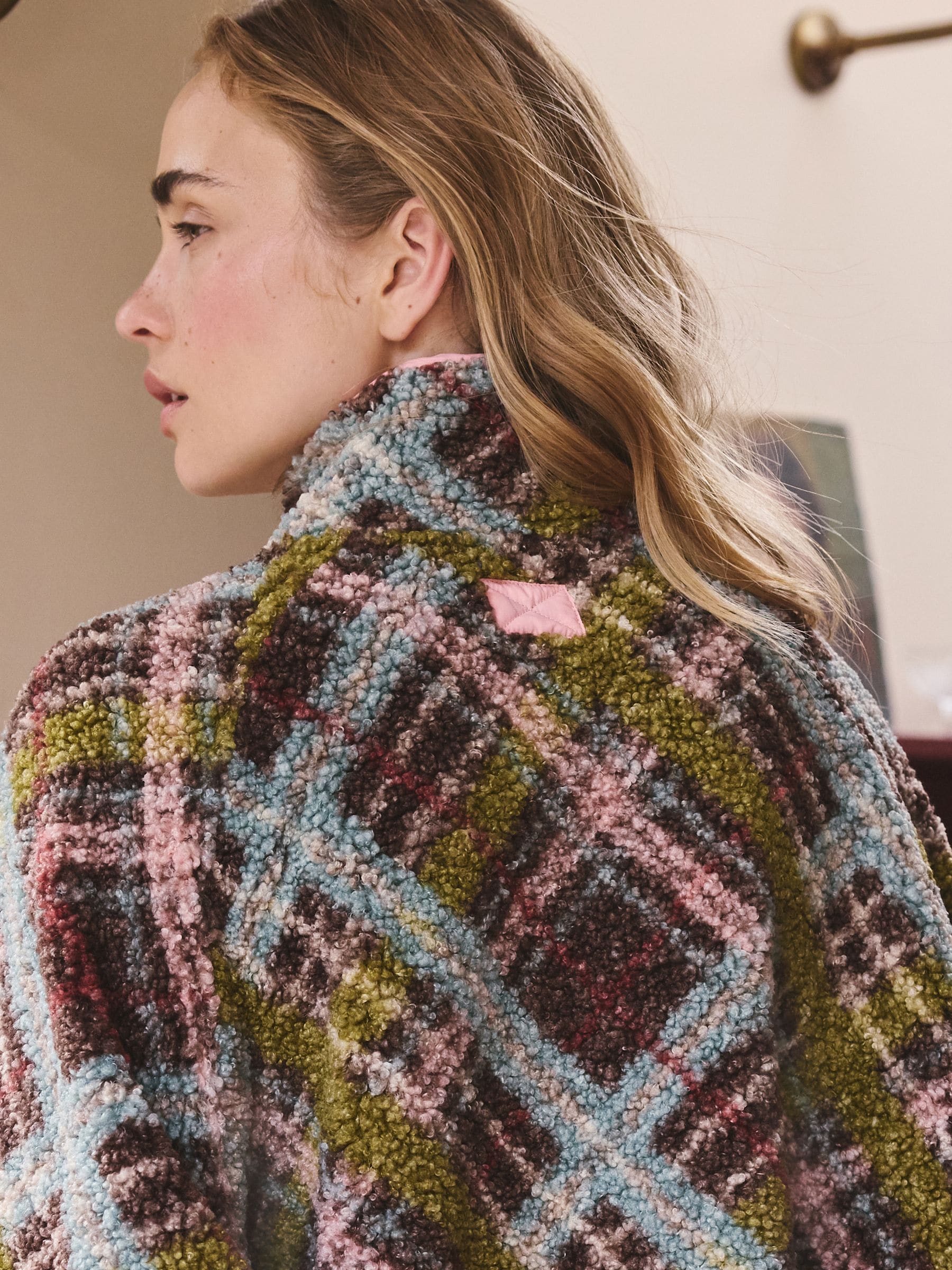Button Through Borg Fleece - Green/Pink Tartan - Regular - Location Worn