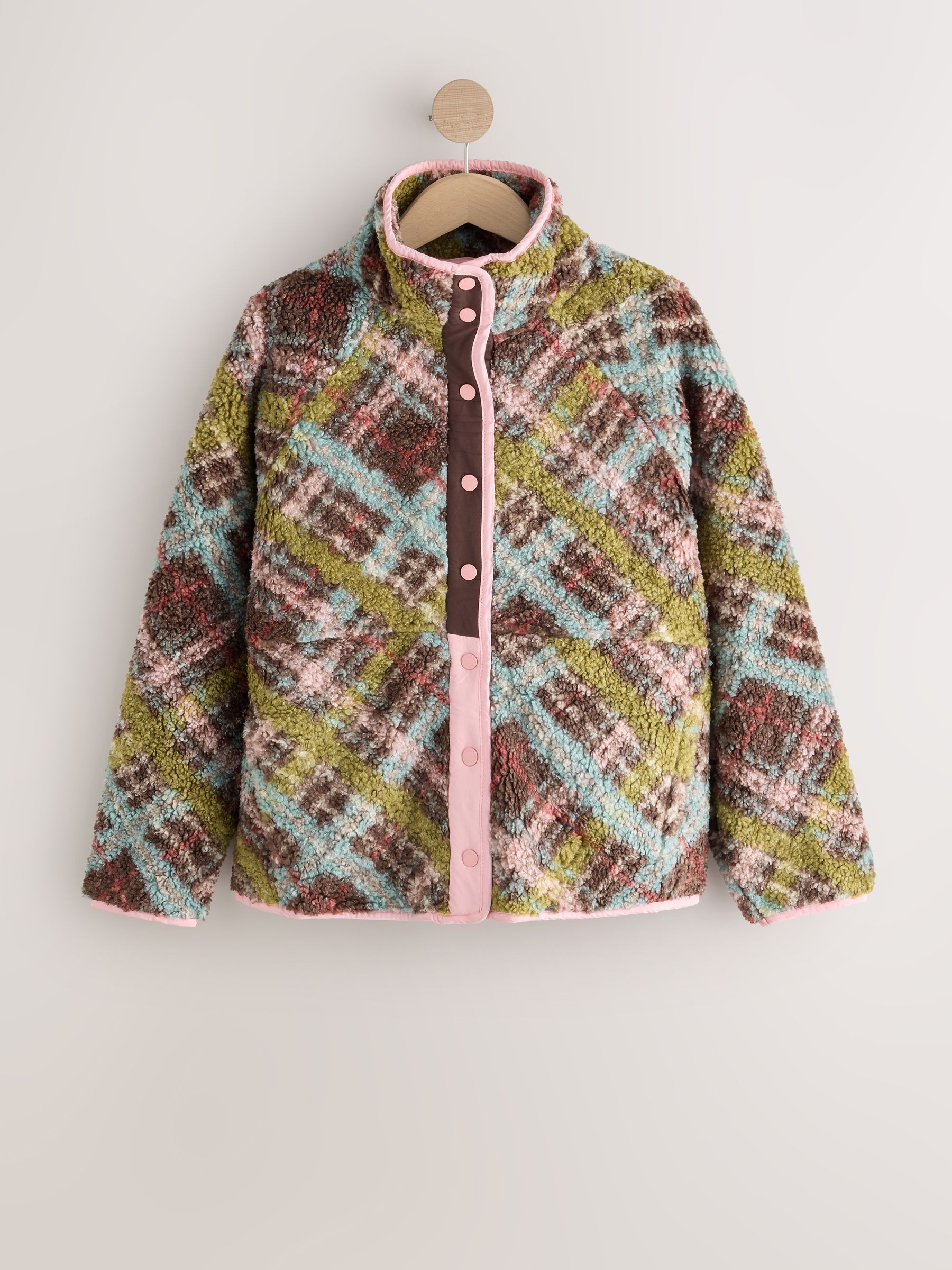 Button Through Borg Fleece - Green/Pink Tartan - Regular - SIP Still Life