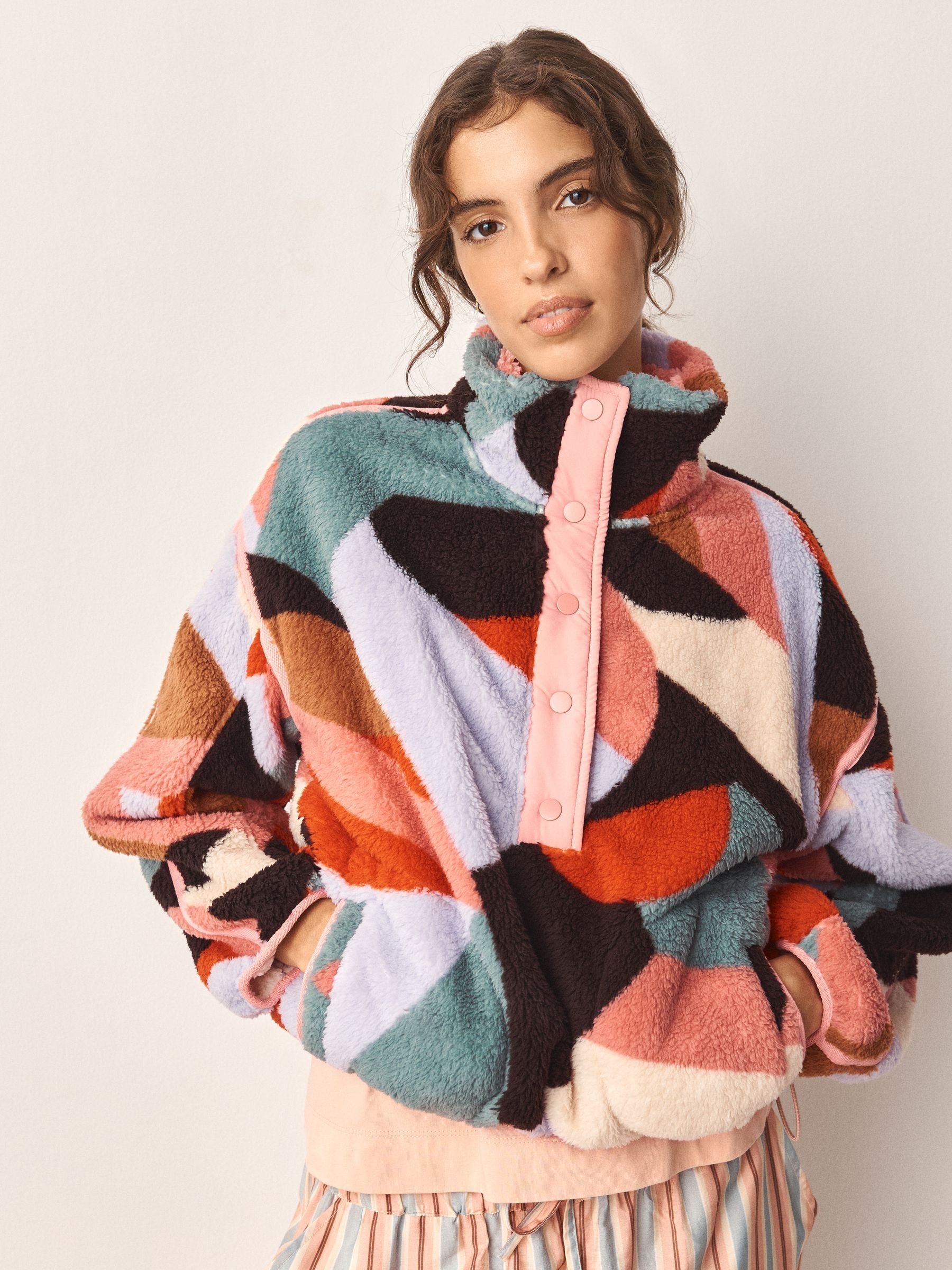 Half Zip Borg Fleece - Pink Abstract - Regular - SIP Worn