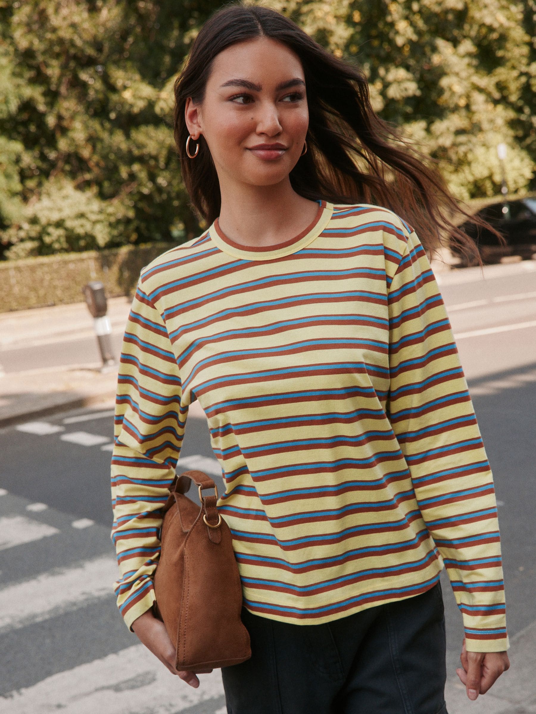 Long Sleeve Crew Neck T-Shirt - Yellow/Grey Stripe - Regular - Location Worn