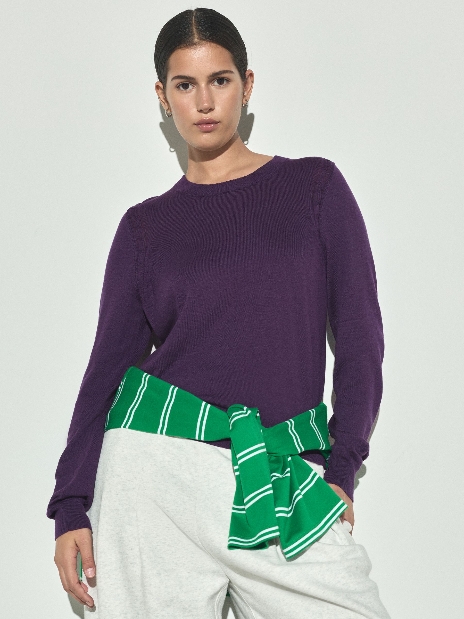 Cotton Rich Soft Touch Long Sleeve Crew Neck Jumper - Purple - Regular - SIP Worn