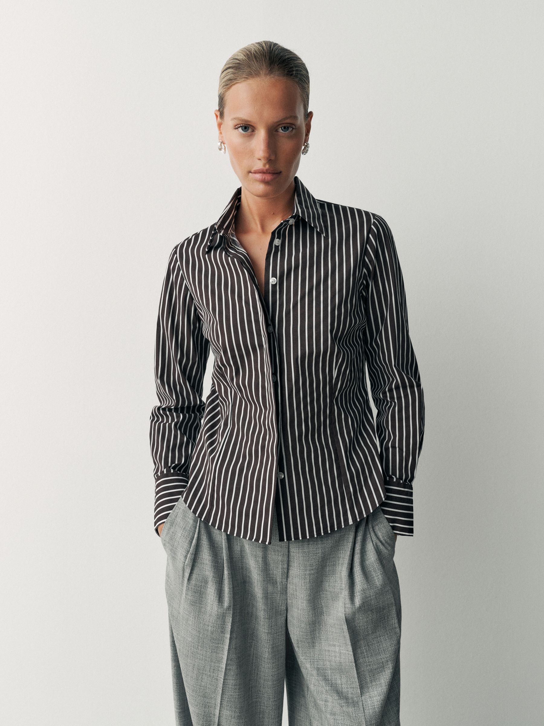 Fitted Stretch Essential Long Sleeve Shirt - Chocolate Brown Stripe - Regular - SIP Worn