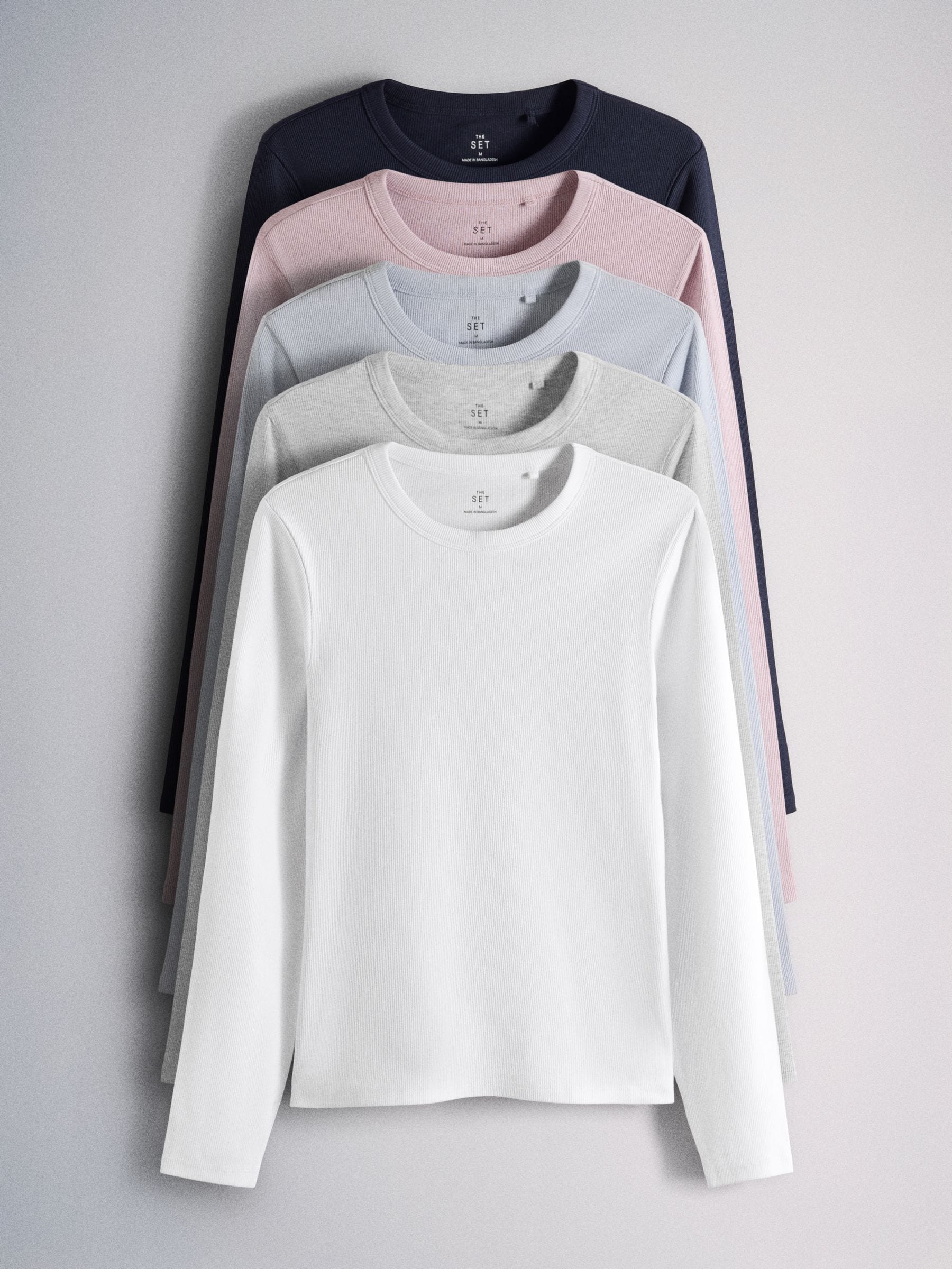 The Set 5 Pack Ribbed Long Sleeve T-Shirts - Pink/Blue/Navy Blue/Grey Marl/White - Regular - SIP Still Life