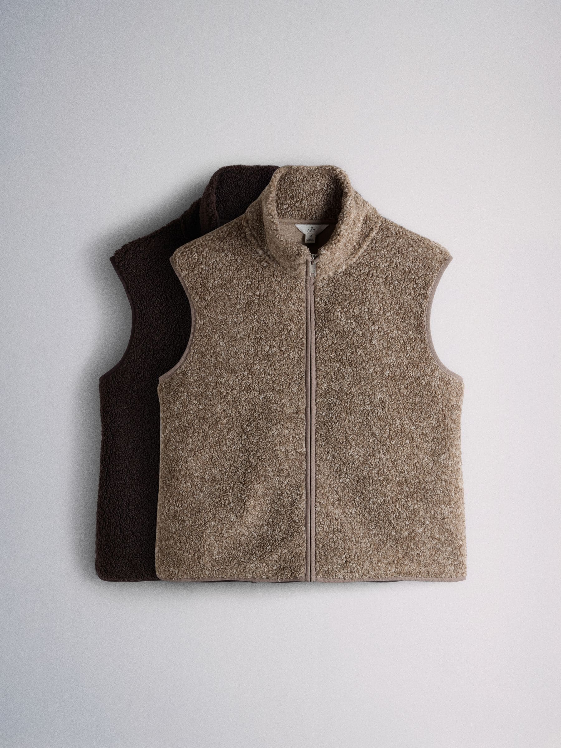 The Set 2 Pack Premium Zip Through Borg Gilets - Brown/Oat Marl - Regular - SIP Still Life