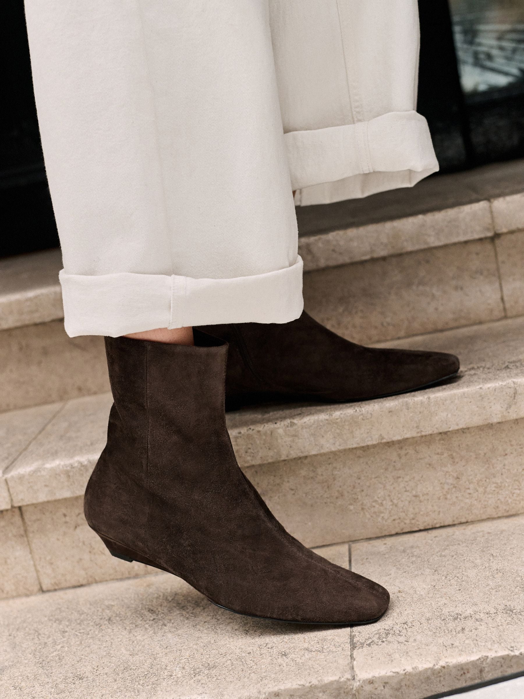 Forever Comfort® Low Wedge Suede Ankle Boots - Chocolate Brown - Standard/Wide Fit - Location Worn