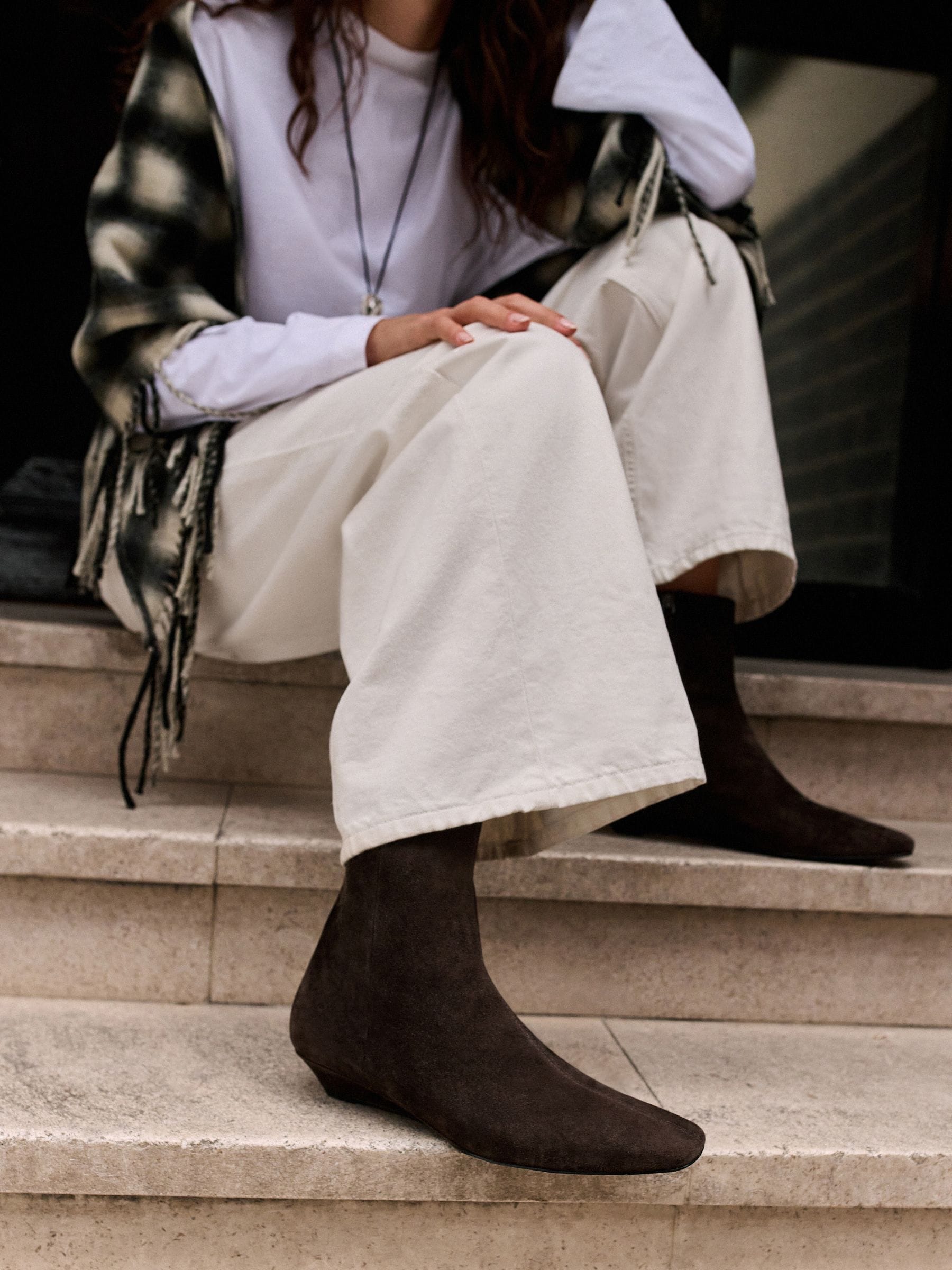 Forever Comfort® Low Wedge Suede Ankle Boots - Chocolate Brown - Standard/Wide Fit - Location Worn