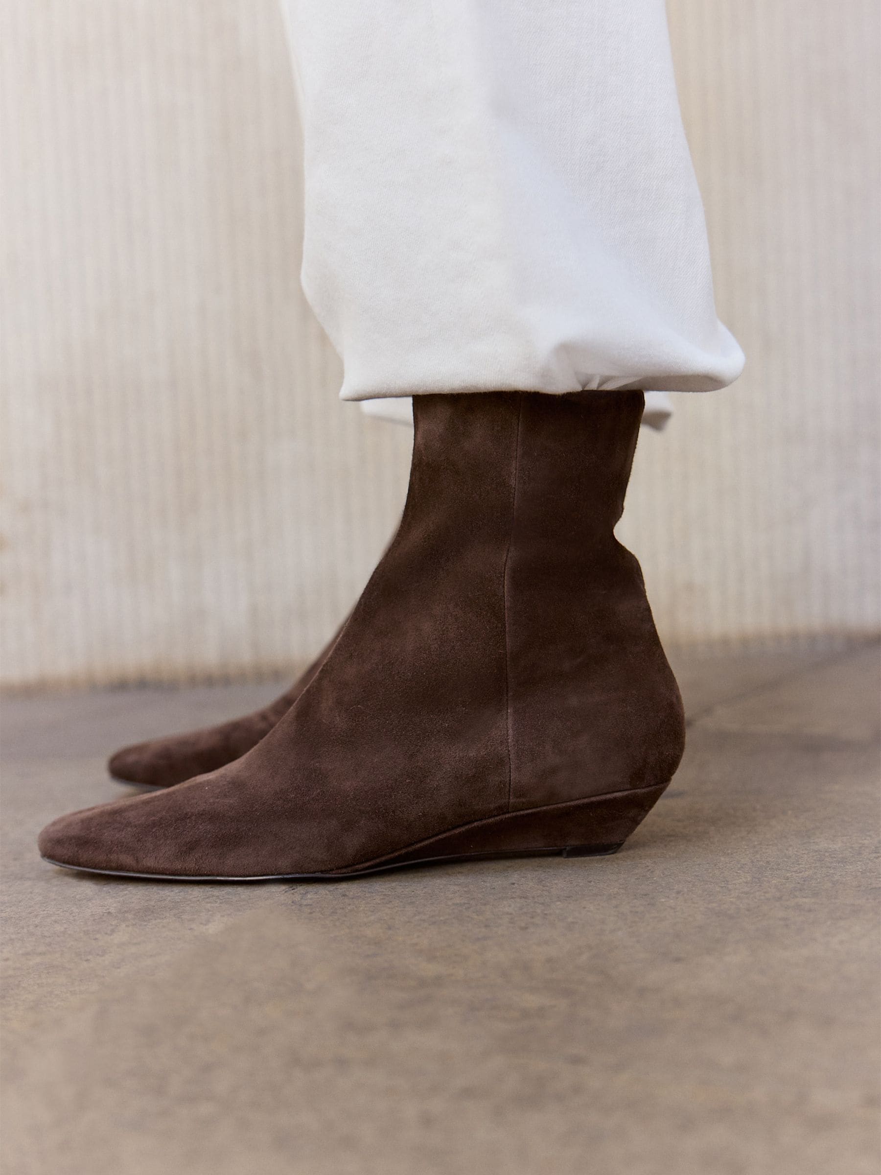 Forever Comfort® Low Wedge Suede Ankle Boots - Chocolate Brown - Standard/Wide Fit - Location Worn