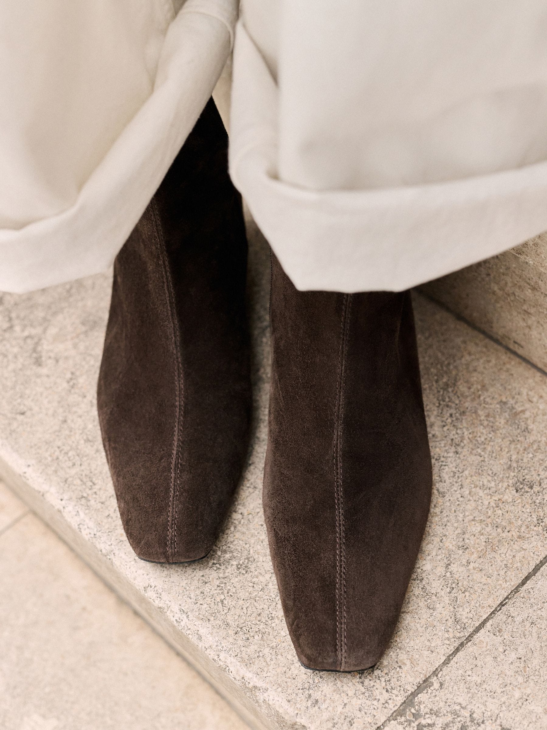 Forever Comfort® Low Wedge Suede Ankle Boots - Chocolate Brown - Standard/Wide Fit - Location Worn