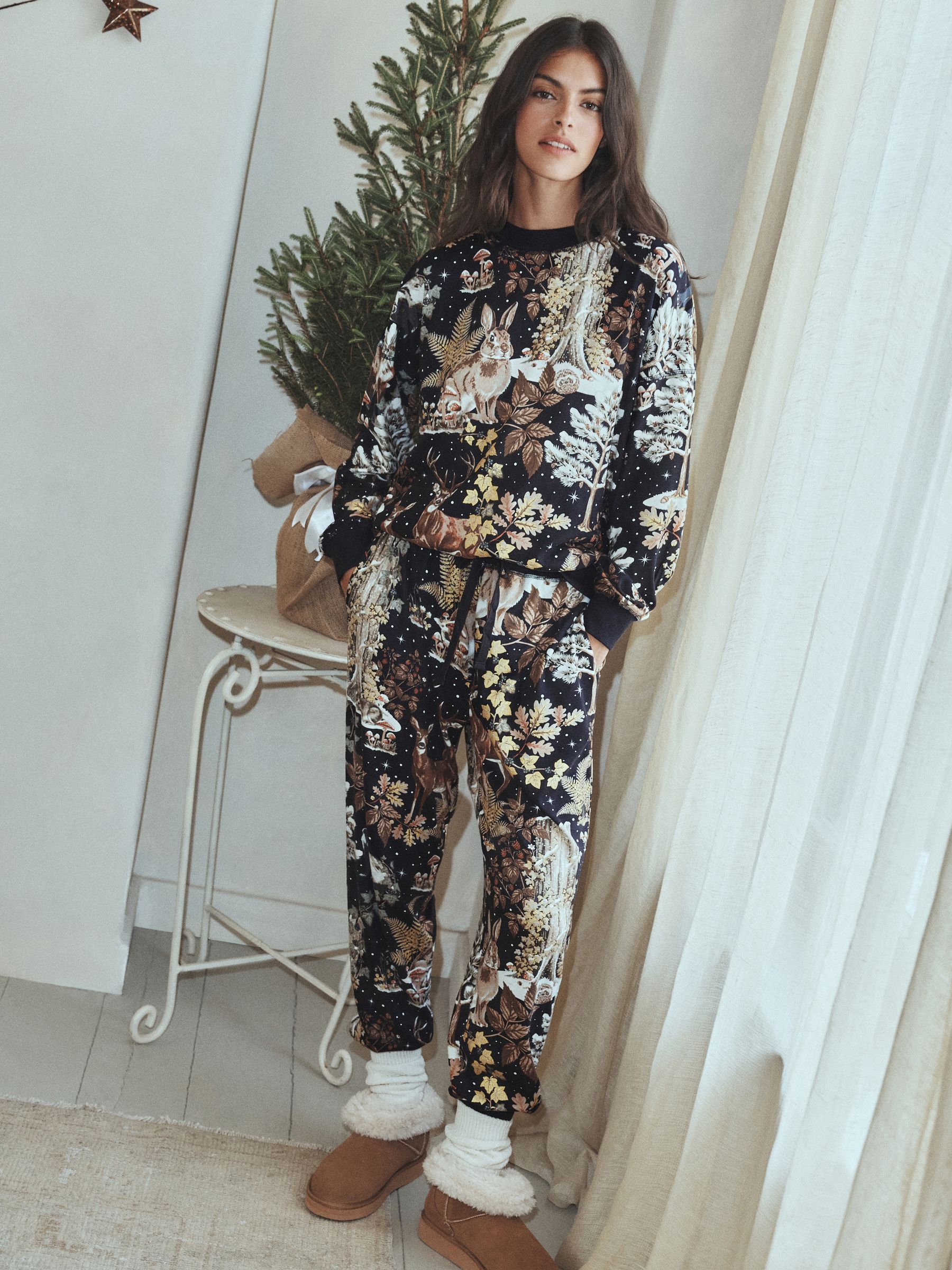 Cosy Long Sleeve Pyjamas Set - Navy Woodland - Regular - Location Worn