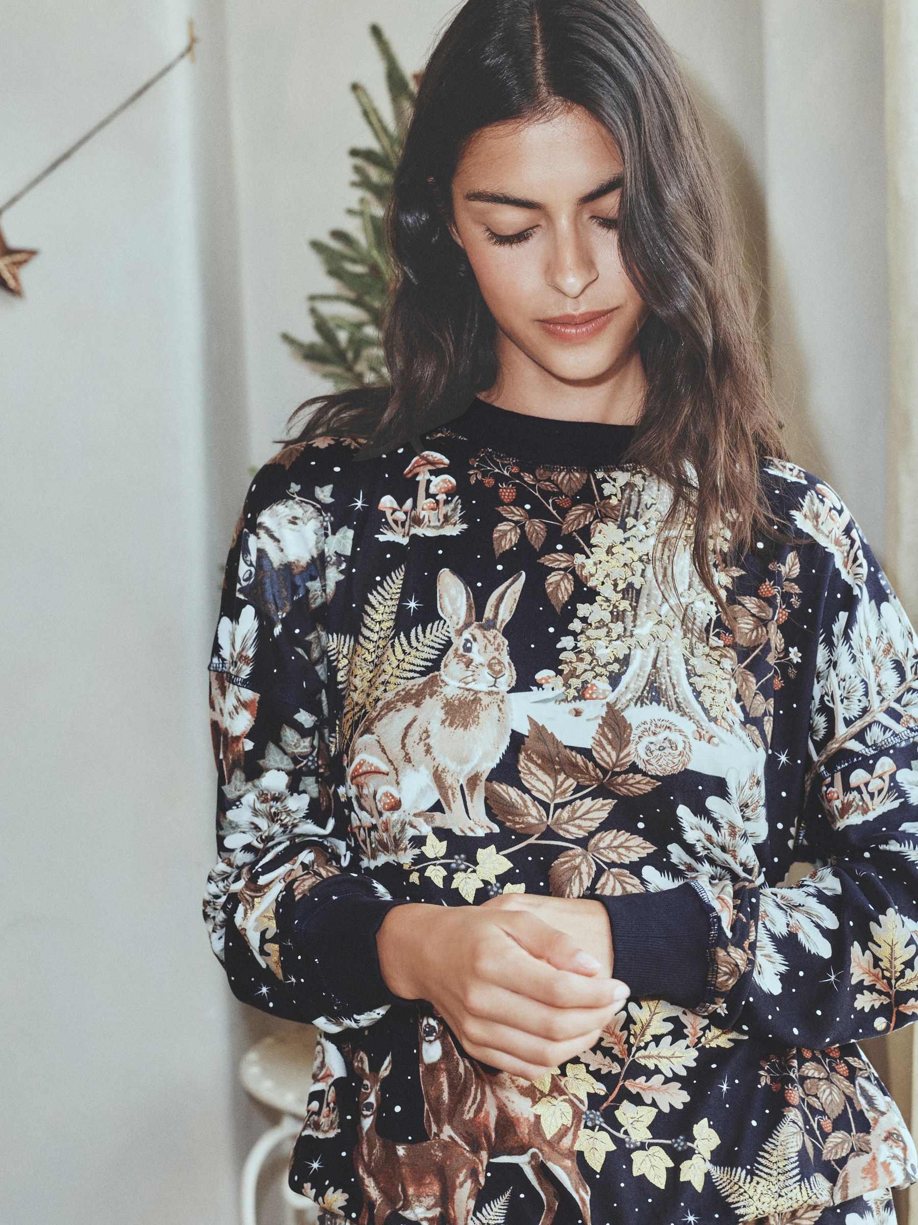 Cosy Long Sleeve Pyjamas Set - Navy Woodland - Regular - Location Worn