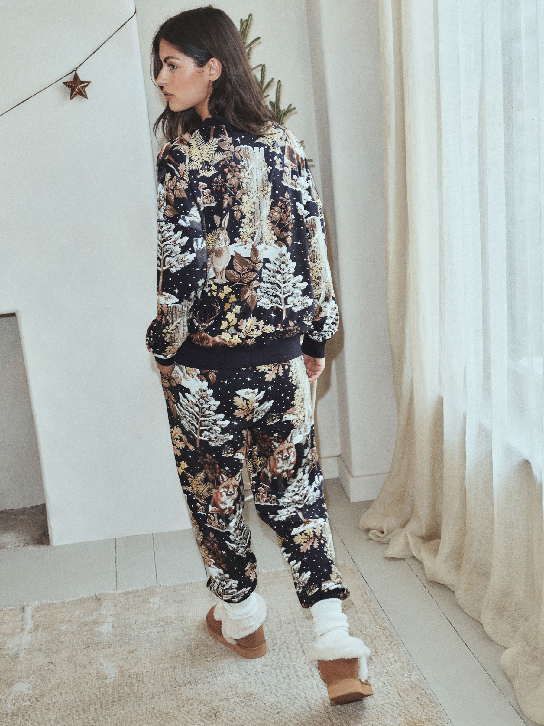 Cosy Long Sleeve Pyjamas Set - Navy Woodland - Regular - Location Worn