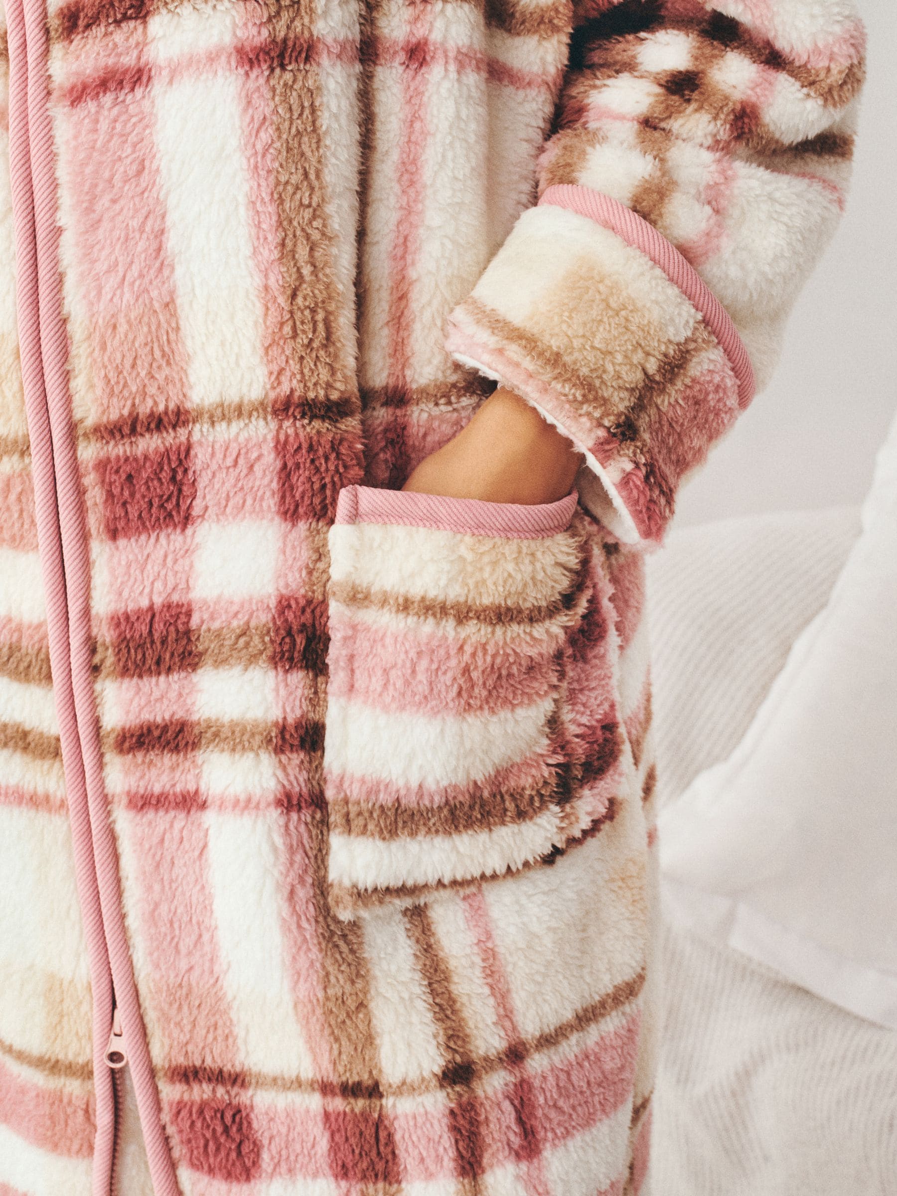 Full Zip Teddy Robe - Pink Check - Regular - SIP Worn