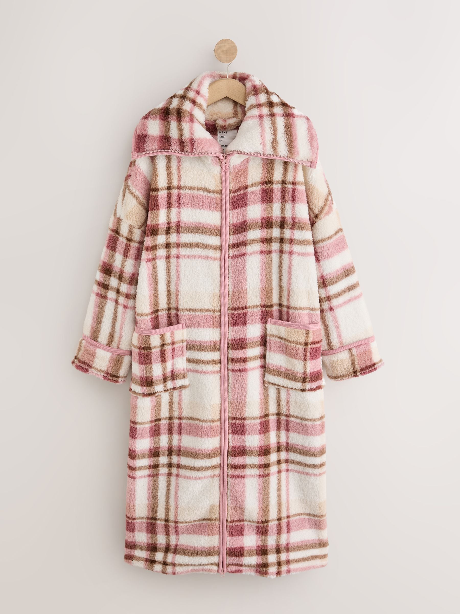 Full Zip Teddy Robe - Pink Check - Regular - SIP Still Life
