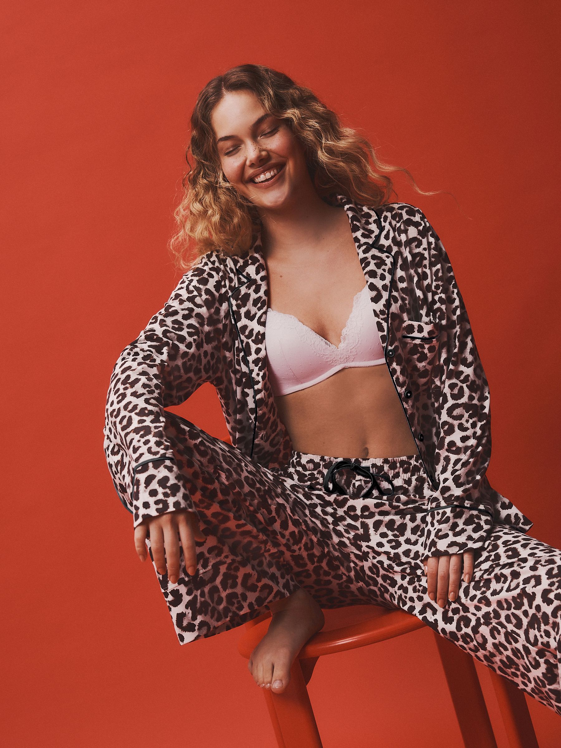 Long Sleeve Button Through Pyjama Set - Grey Leopard Print - Regular - Location Worn