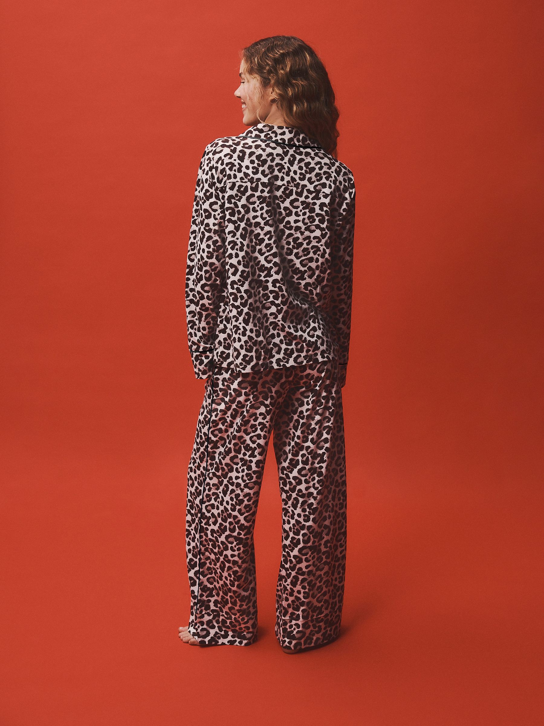 Long Sleeve Button Through Pyjama Set - Grey Leopard Print - Regular - Location Worn