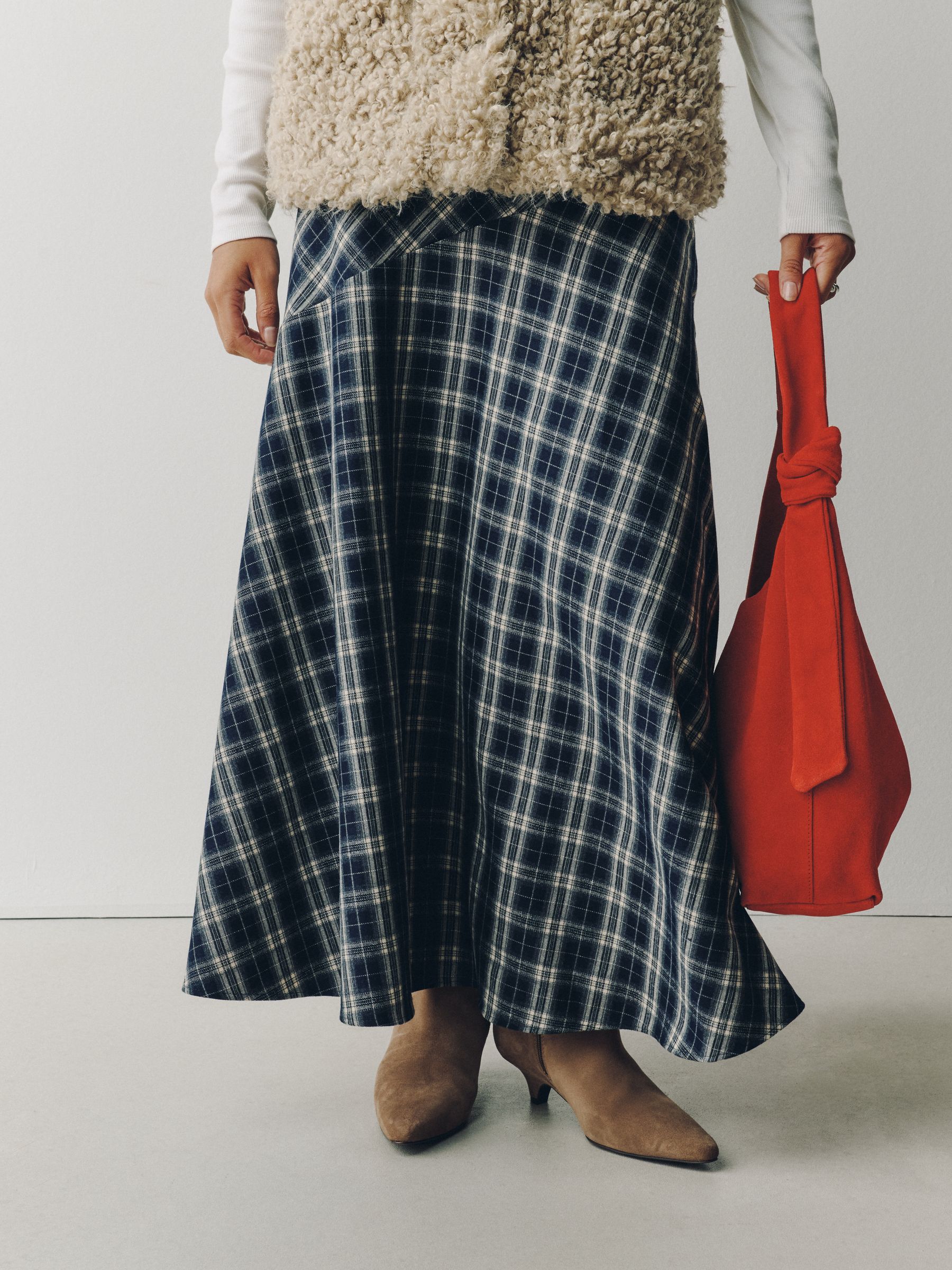 Drop Waist Brushed Maxi Skirt - Navy Blue Check - Regular - SIP Worn
