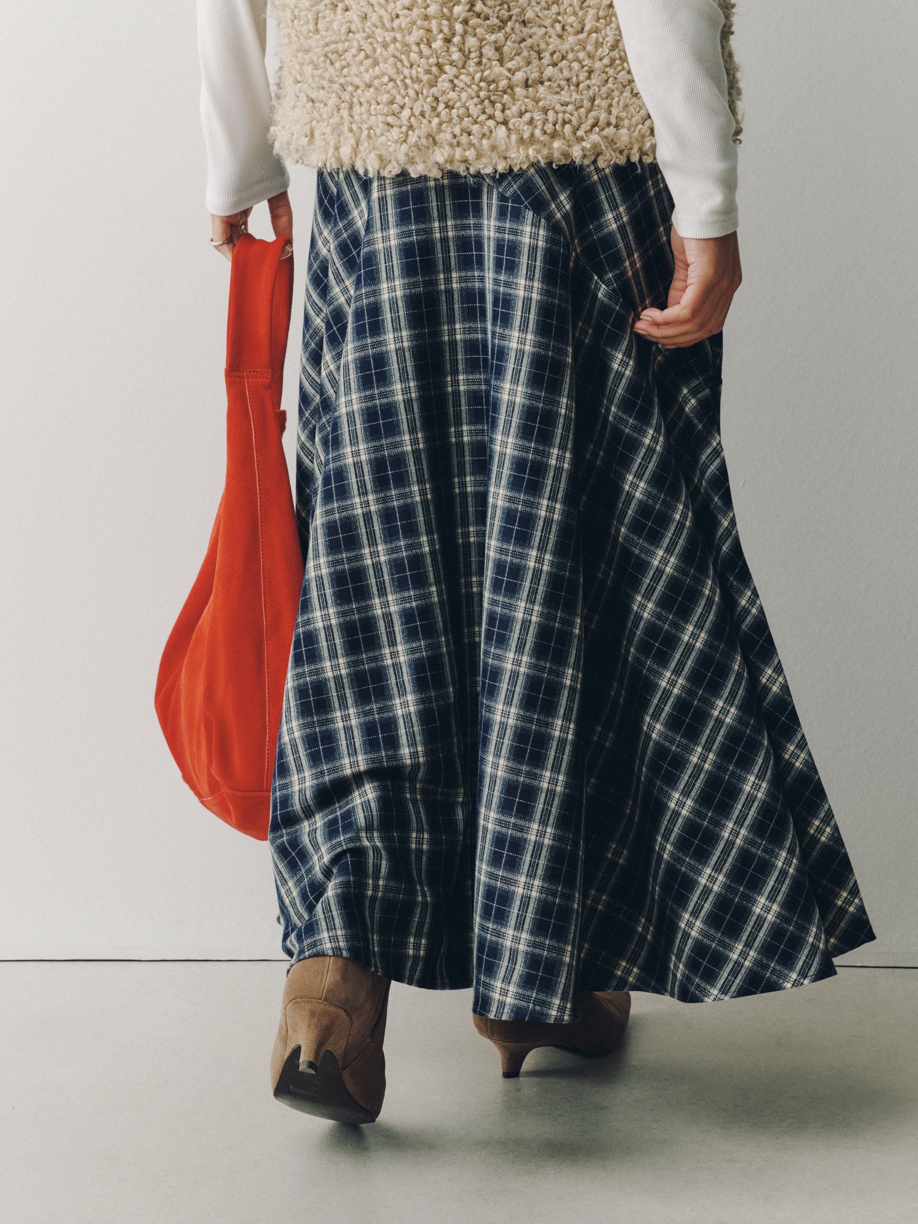 Drop Waist Brushed Maxi Skirt - Navy Blue Check - Regular - SIP Worn