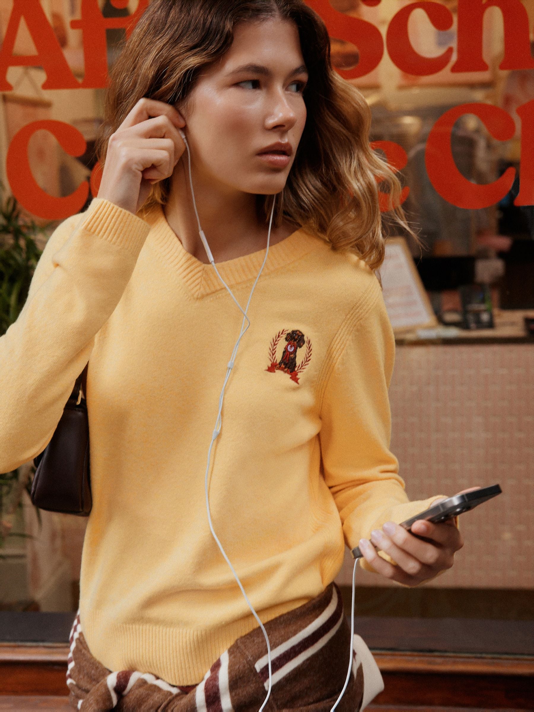 Supersoft V-Neck Long Sleeve Jumper - Yellow Dog Embroidered - Regular - Location Worn