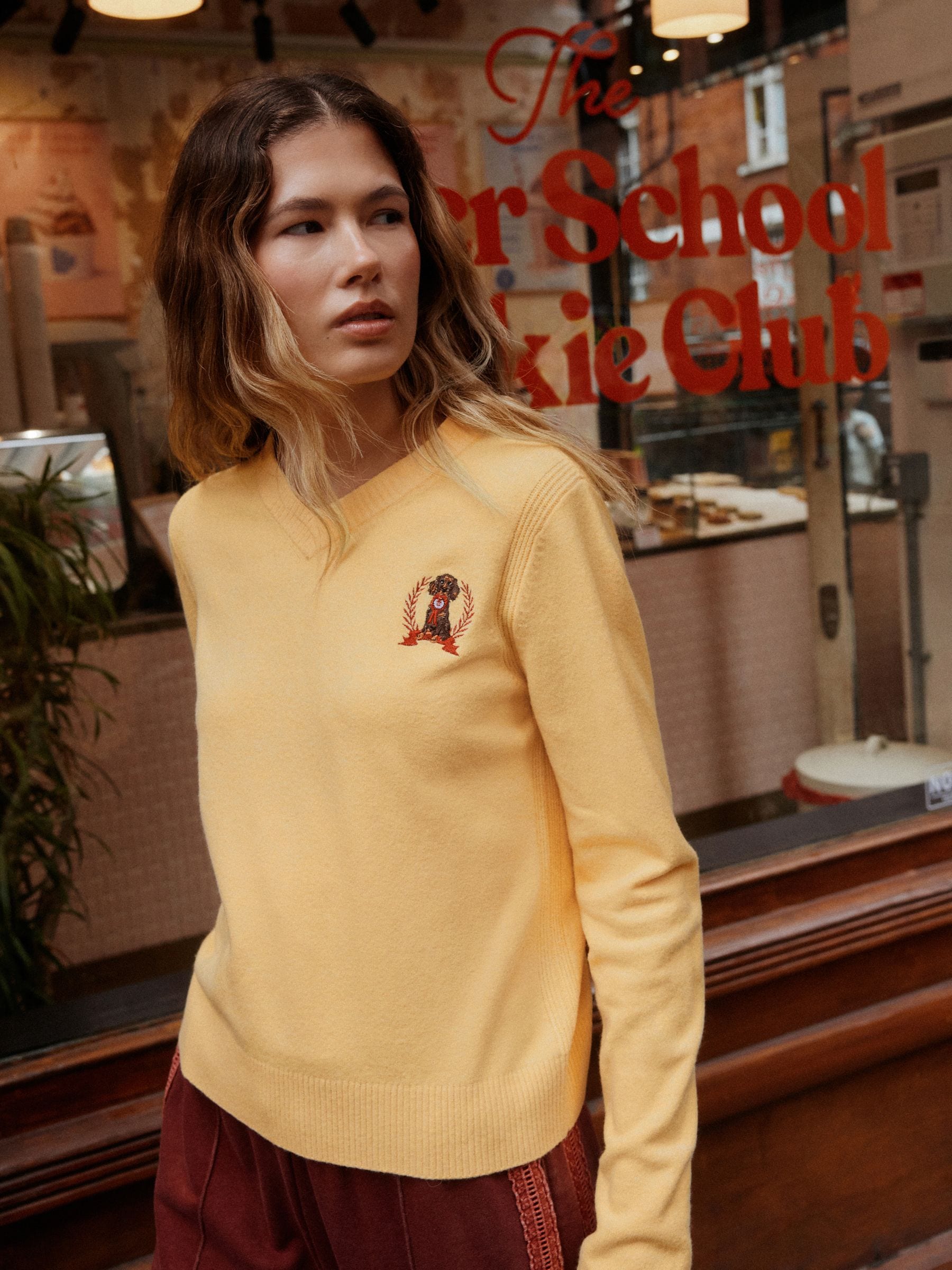 Supersoft V-Neck Long Sleeve Jumper - Yellow Dog Embroidered - Regular - Location Worn