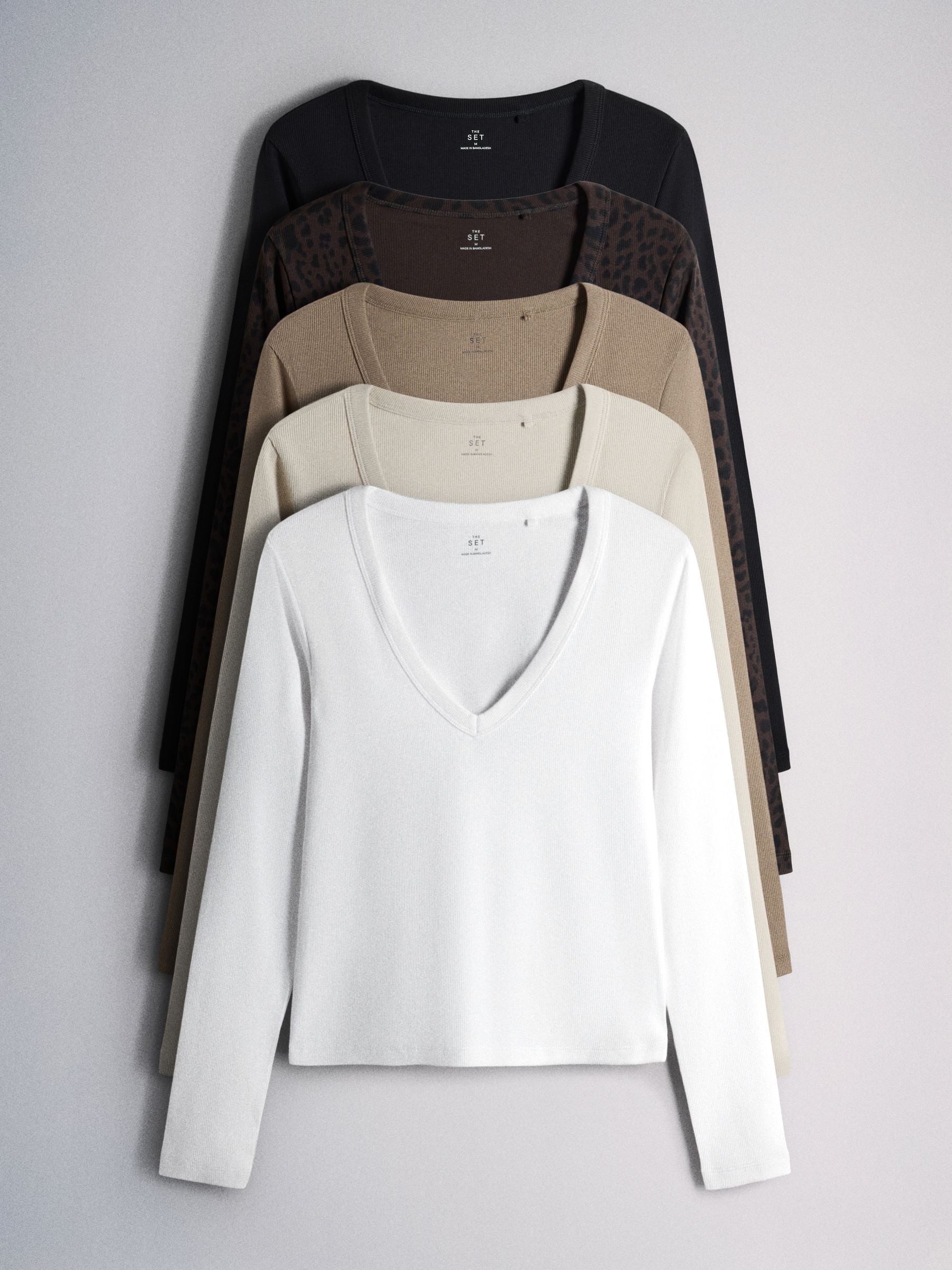 The Set 5 Pack V-Neck Ribbed Long Sleeve T-Shirts - Brown/Black/Leopard Animal/Neutral/White - Regular - SIP Still Life