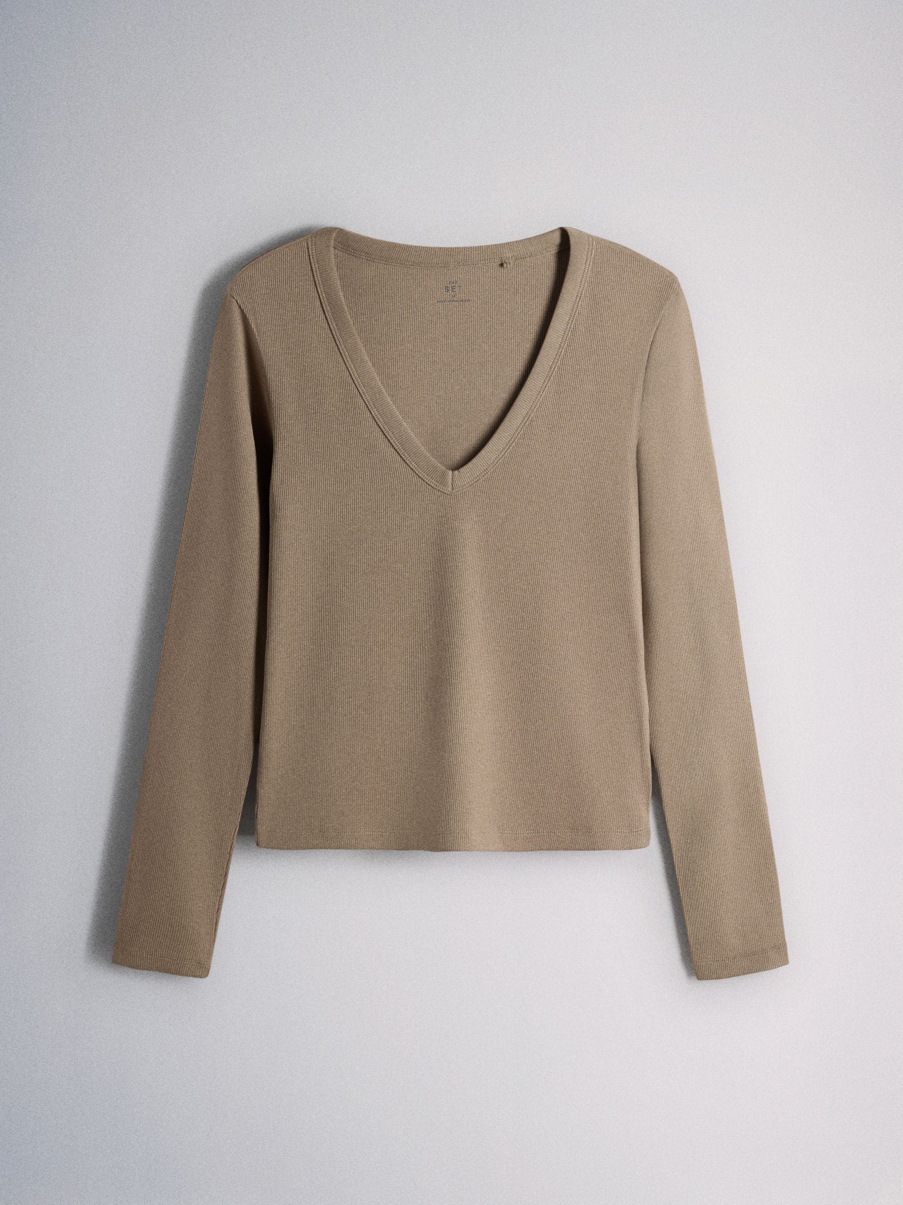 The Set 5 Pack V-Neck Ribbed Long Sleeve T-Shirts - Brown/Black/Leopard Animal/Neutral/White - Regular - SIP Still Life