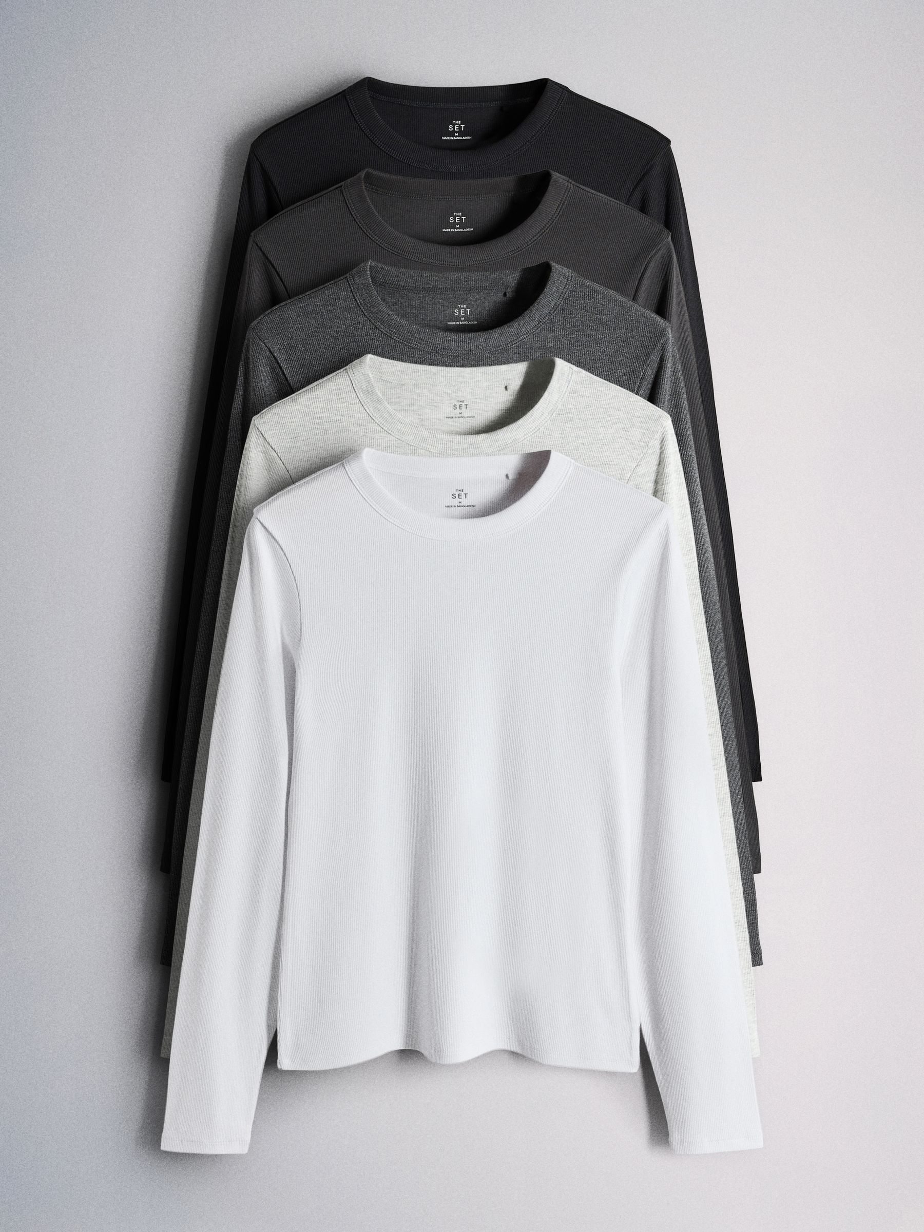 The Set 5 Pack Ribbed Long Sleeve T-Shirts - Grey/Black - Regular - SIP Still Life