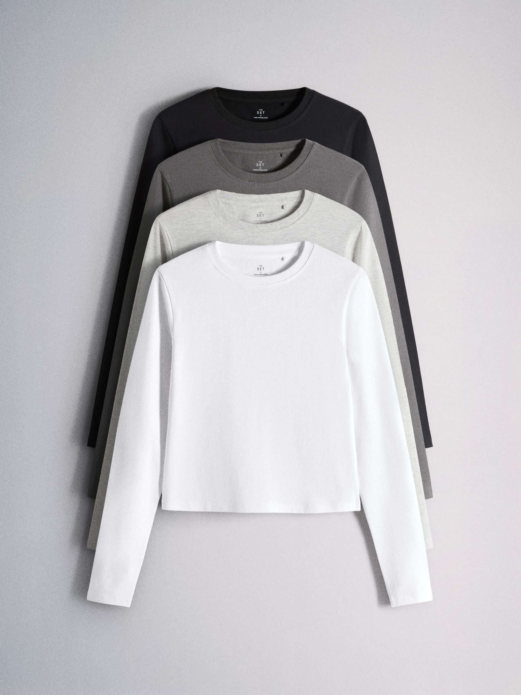 The Set 4 Pack Long Sleeve Skinny Fit Cropped T-Shirts - Grey/Black - Regular - SIP Still Life