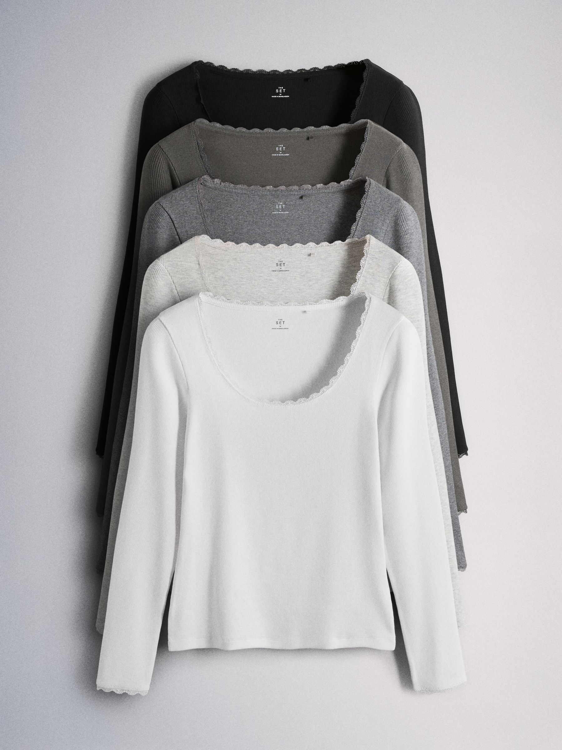 The Set 5 Pack Long Sleeve Ribbed Lace Scoop Tops - Black/Grey/Charcoal/White - Regular - SIP Still Life