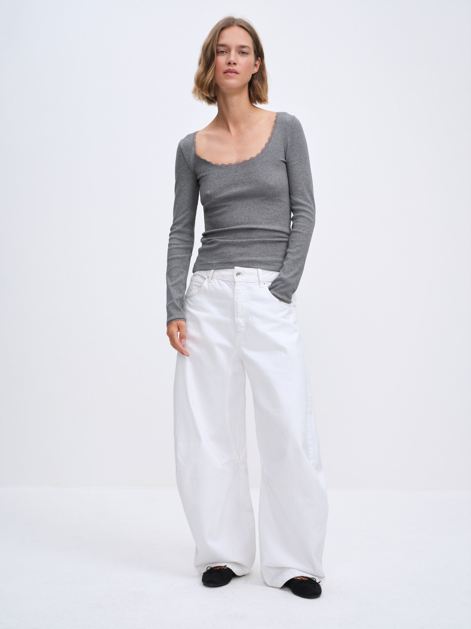 The Set 5 Pack Long Sleeve Ribbed Lace Scoop Tops - Black/Grey/Charcoal/White - Regular - SIP Worn