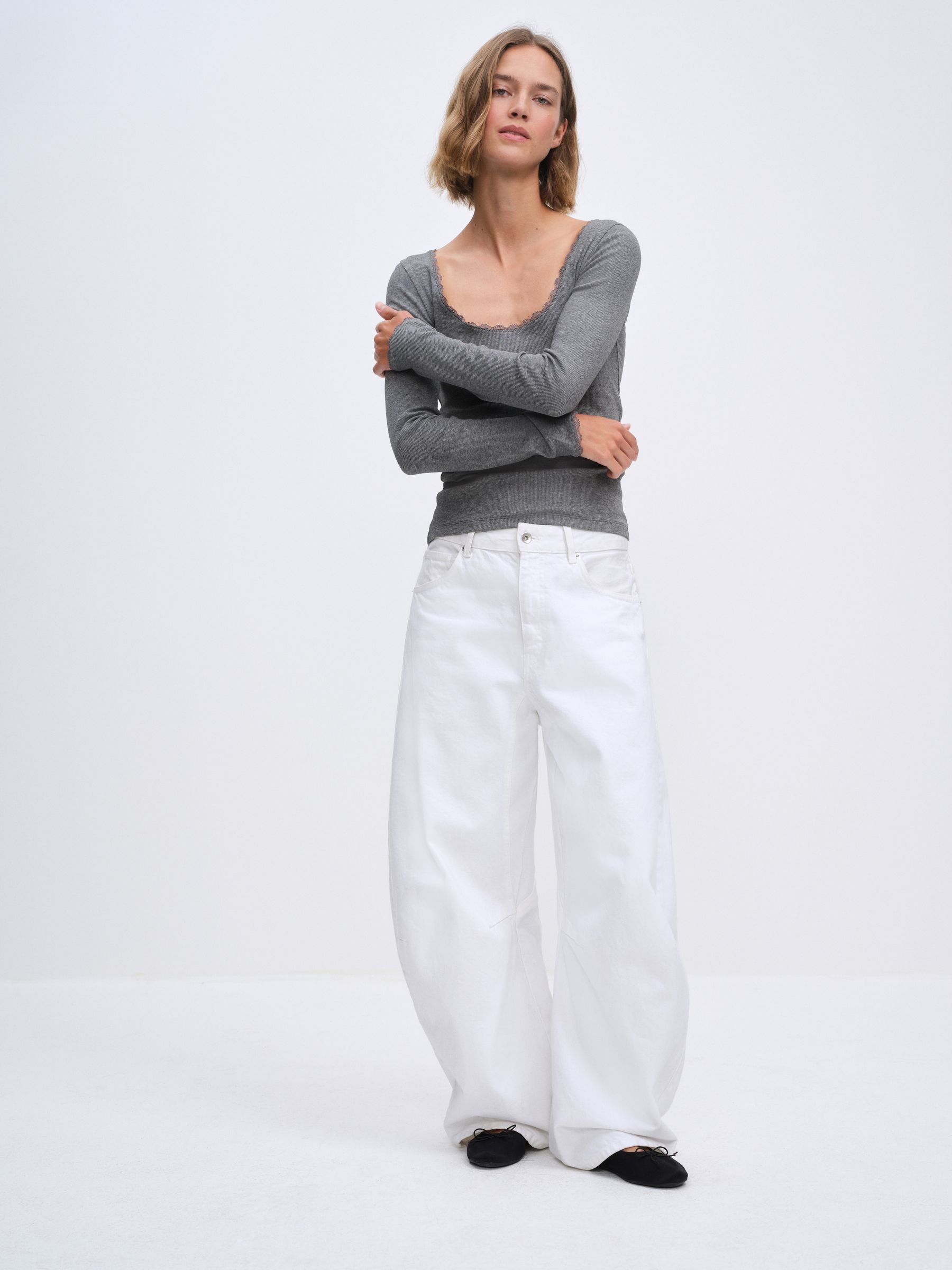 The Set 5 Pack Long Sleeve Ribbed Lace Scoop Tops - Black/Grey/Charcoal/White - Regular - SIP Worn