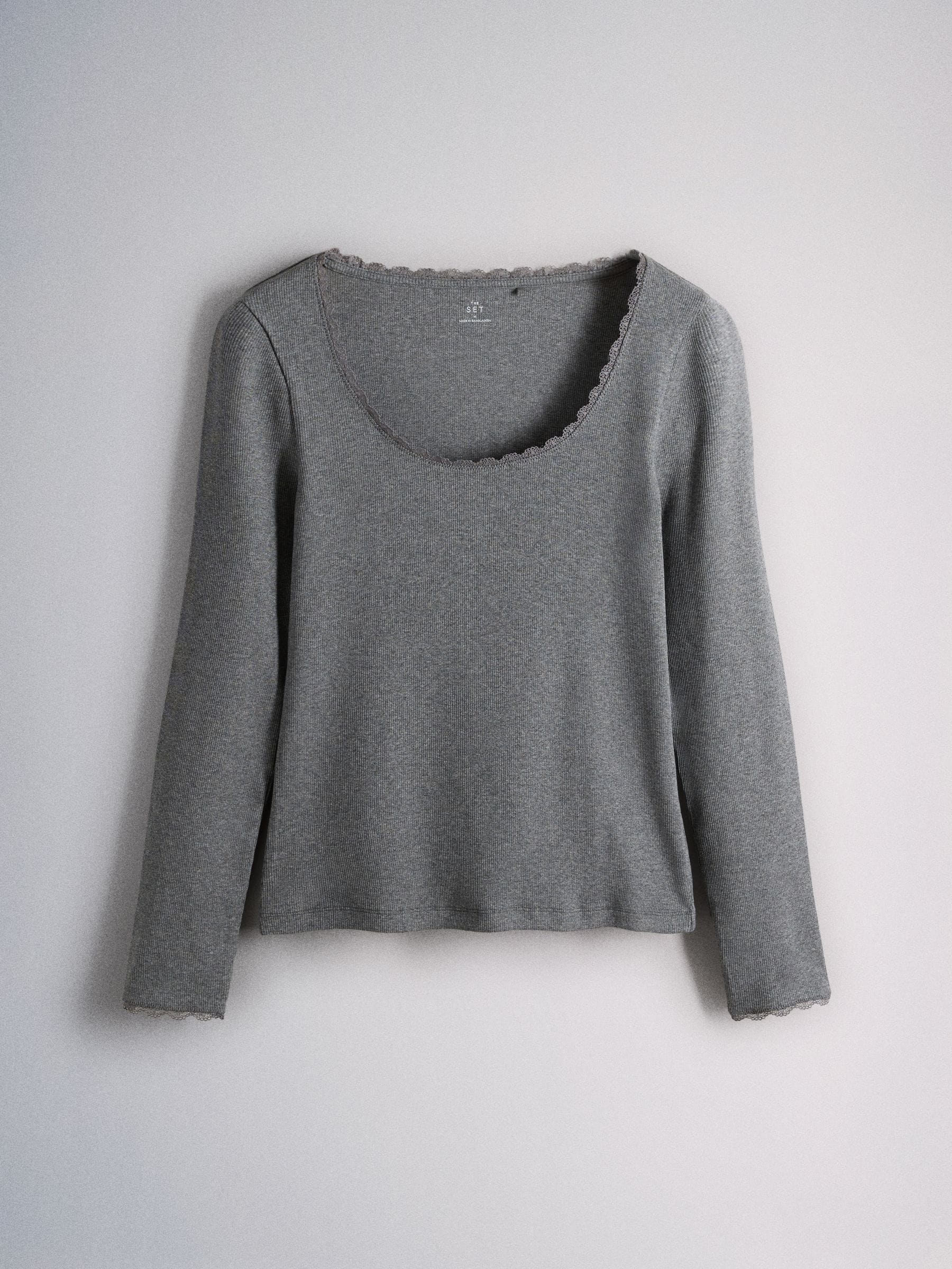 The Set 5 Pack Long Sleeve Ribbed Lace Scoop Tops - Black/Grey/Charcoal/White - Regular - SIP Still Life