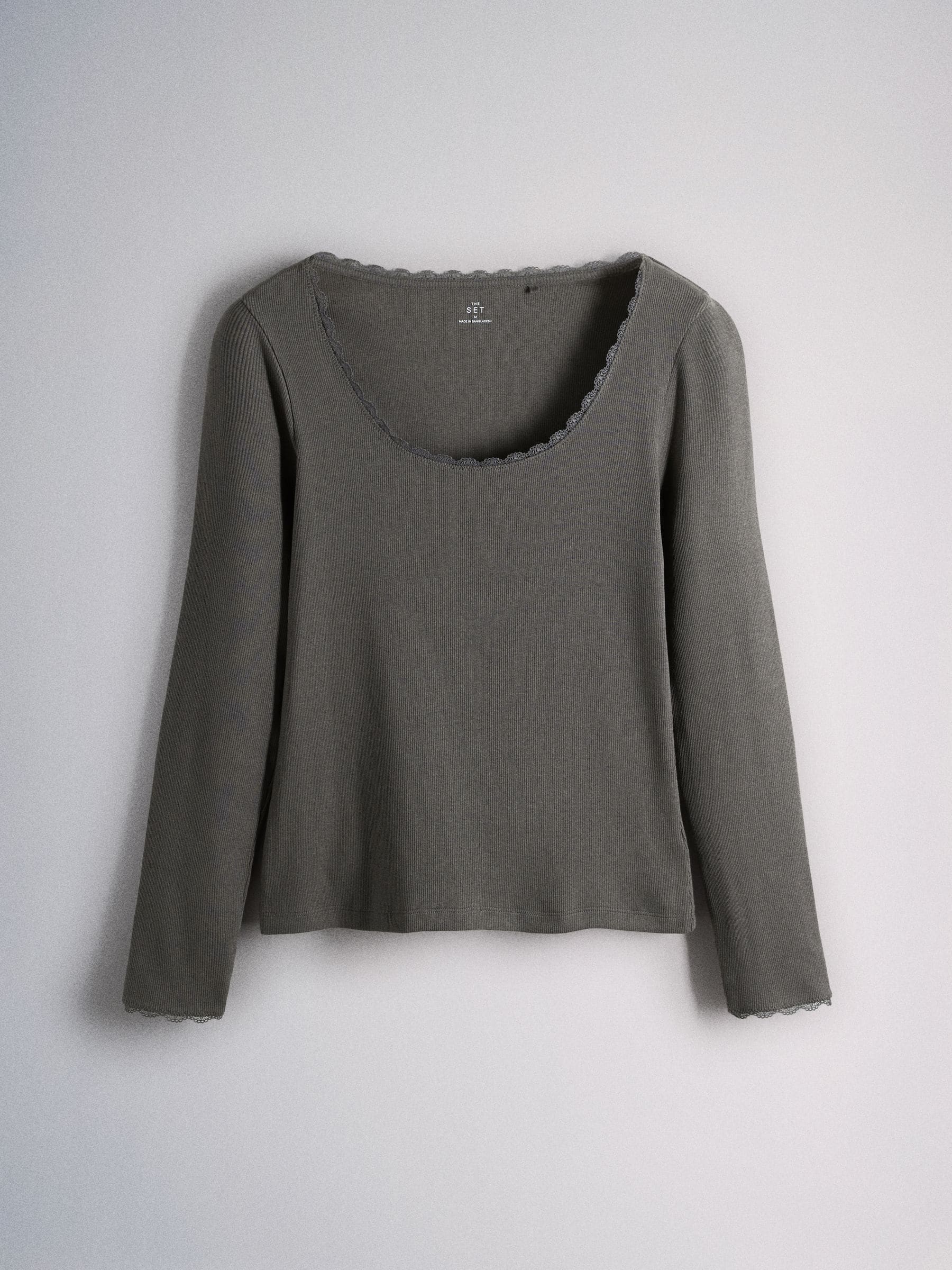 The Set 5 Pack Long Sleeve Ribbed Lace Scoop Tops - Black/Grey/Charcoal/White - Regular - SIP Still Life