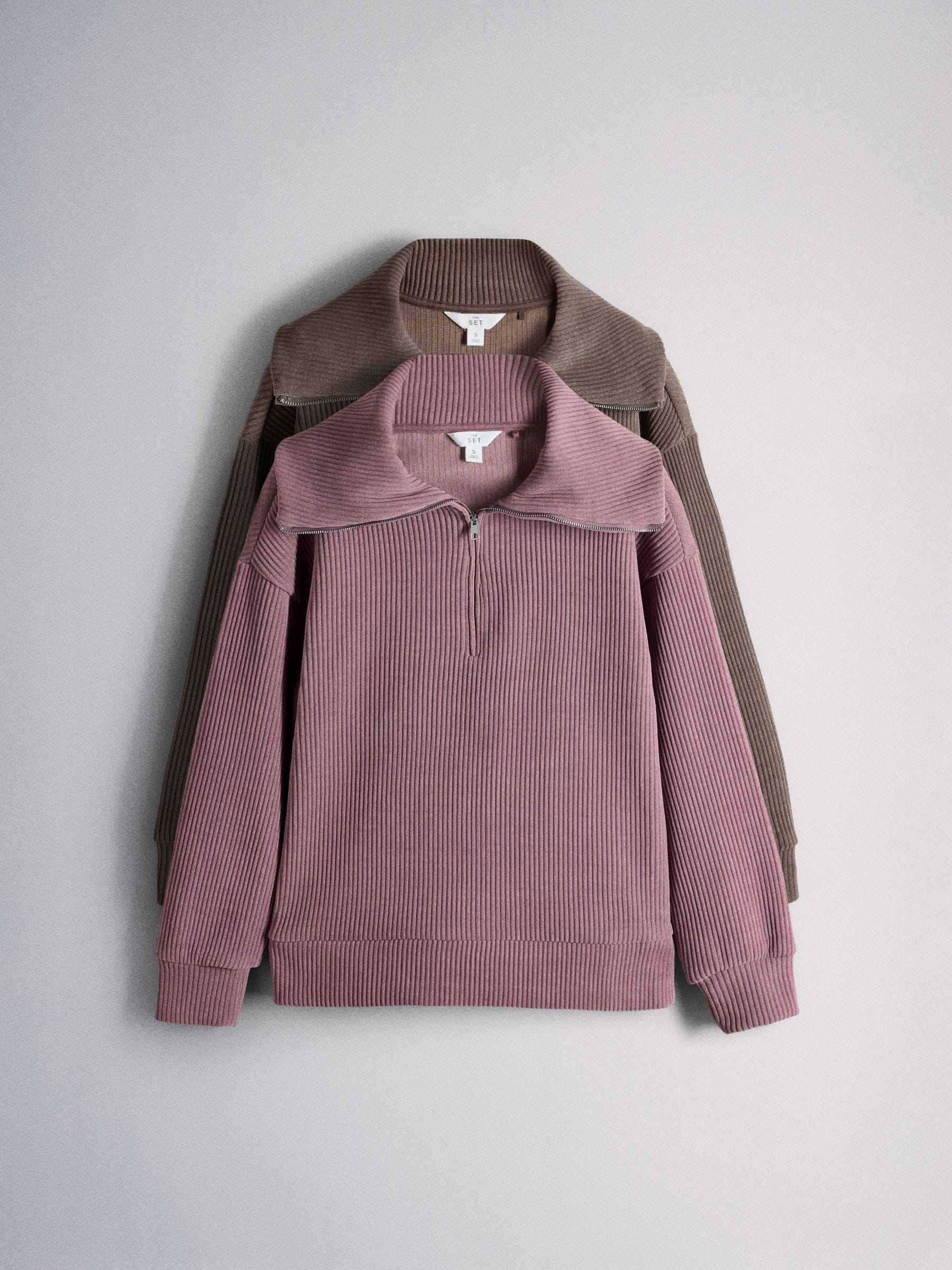 The Set 2 Pack Premium Half Zip Funnel Neck Lounge Sweaters - Taupe/Pink - Regular - SIP Still Life