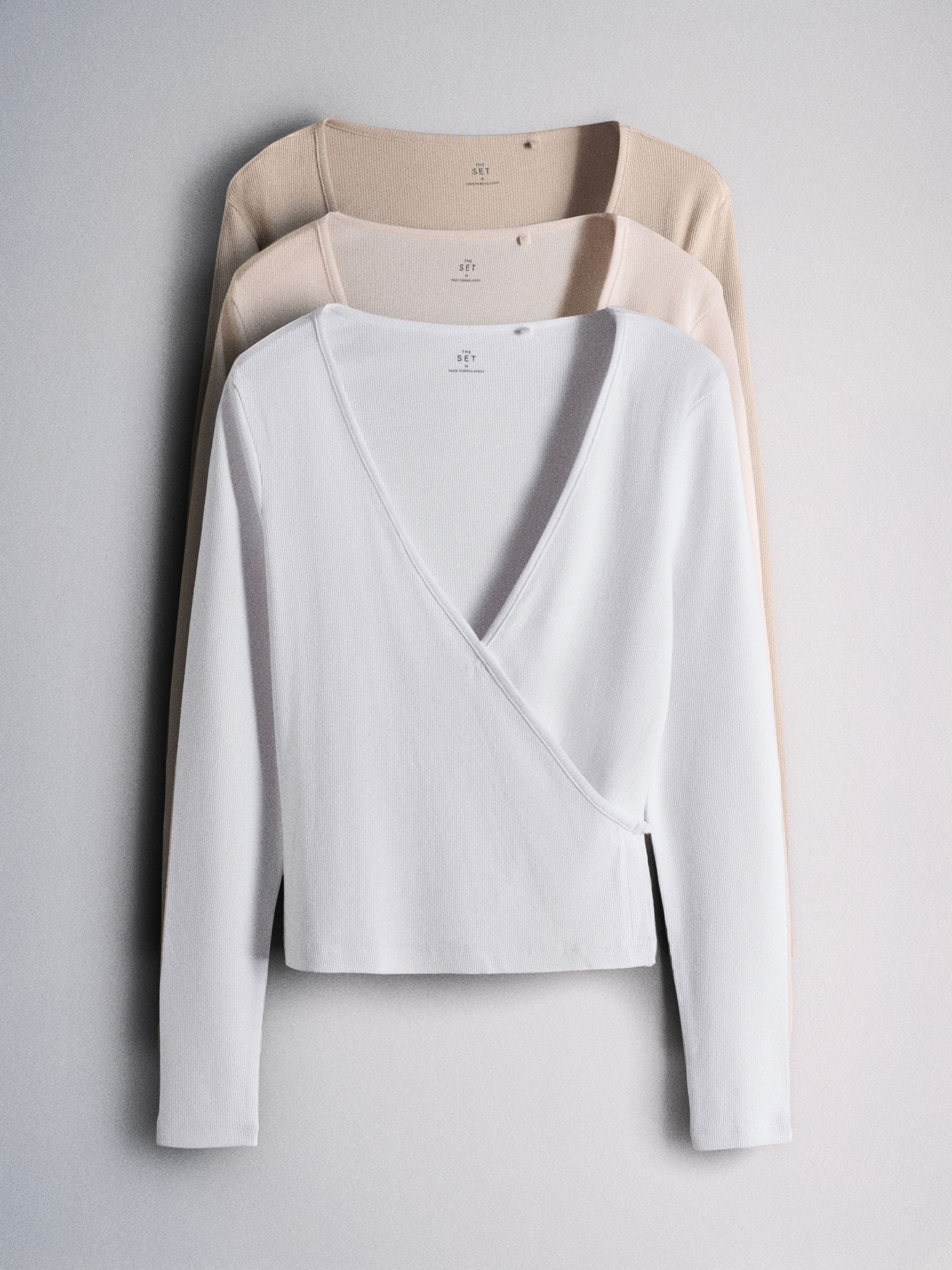 The Set 3 Pack Ribbed Ballet Wrap Long Sleeve Tops - Pink/Neutral/White - Regular - SIP Still Life