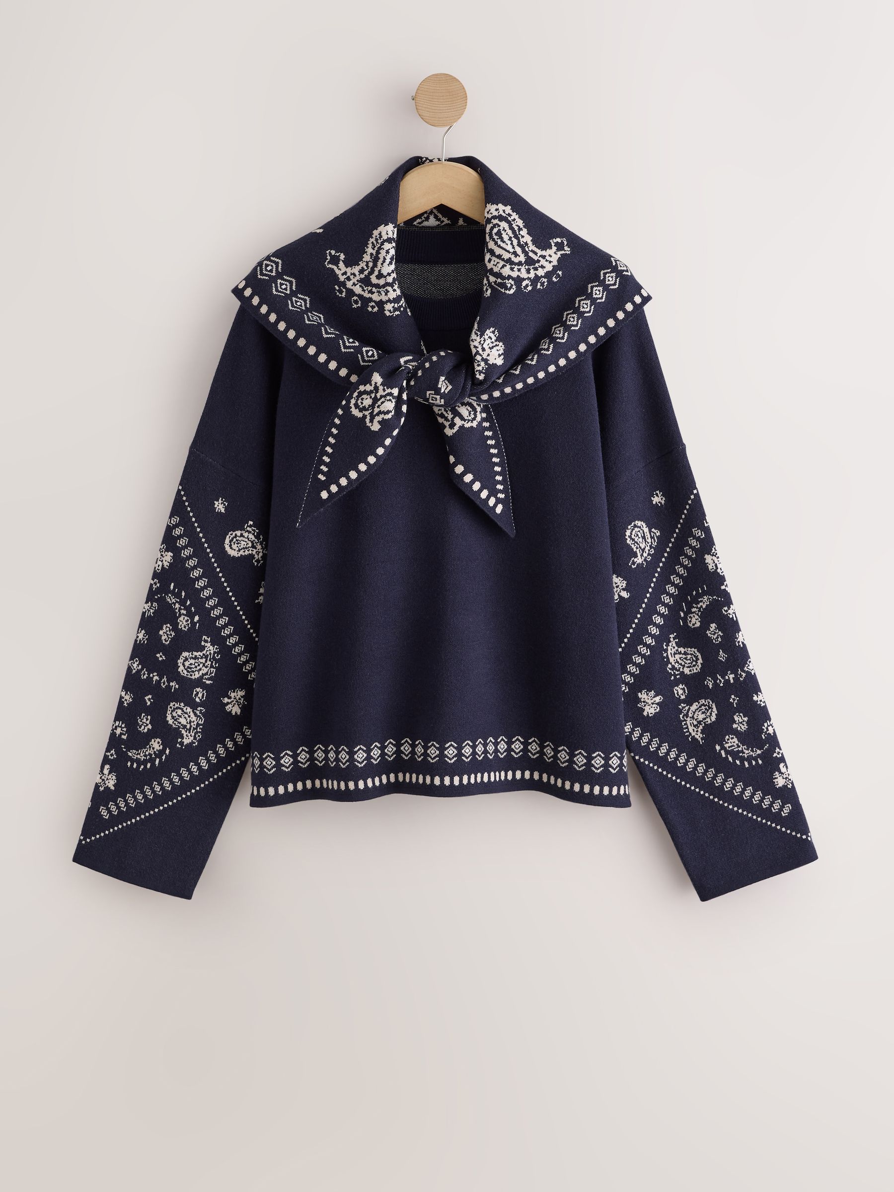 Paisley Scarf Detail Knit Look Jumper - Navy Blue - Regular - SIP Still Life