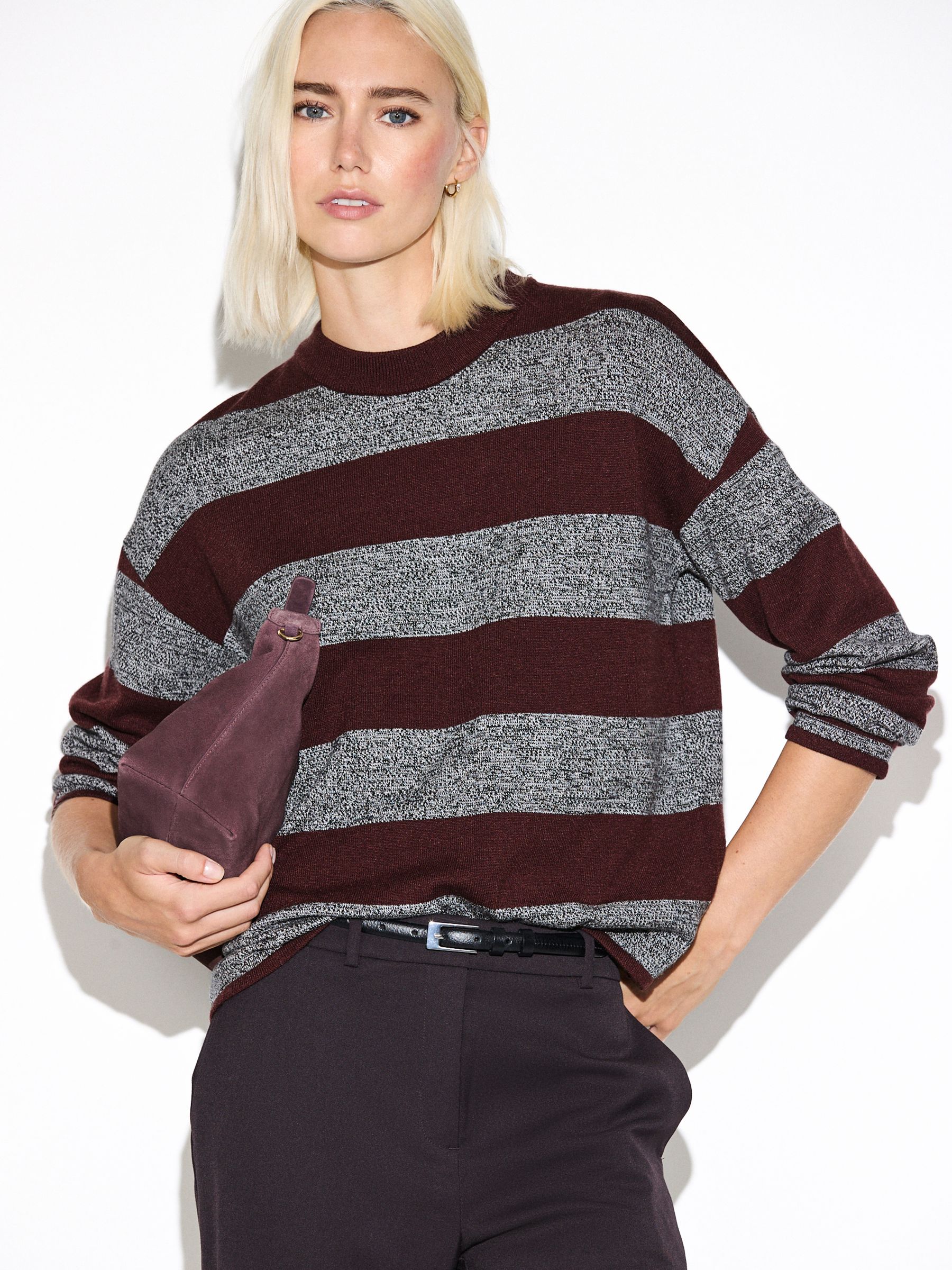Striped Knit Look Crew Neck Jumper - Grey/Burgundy Striped - Regular - Location Worn