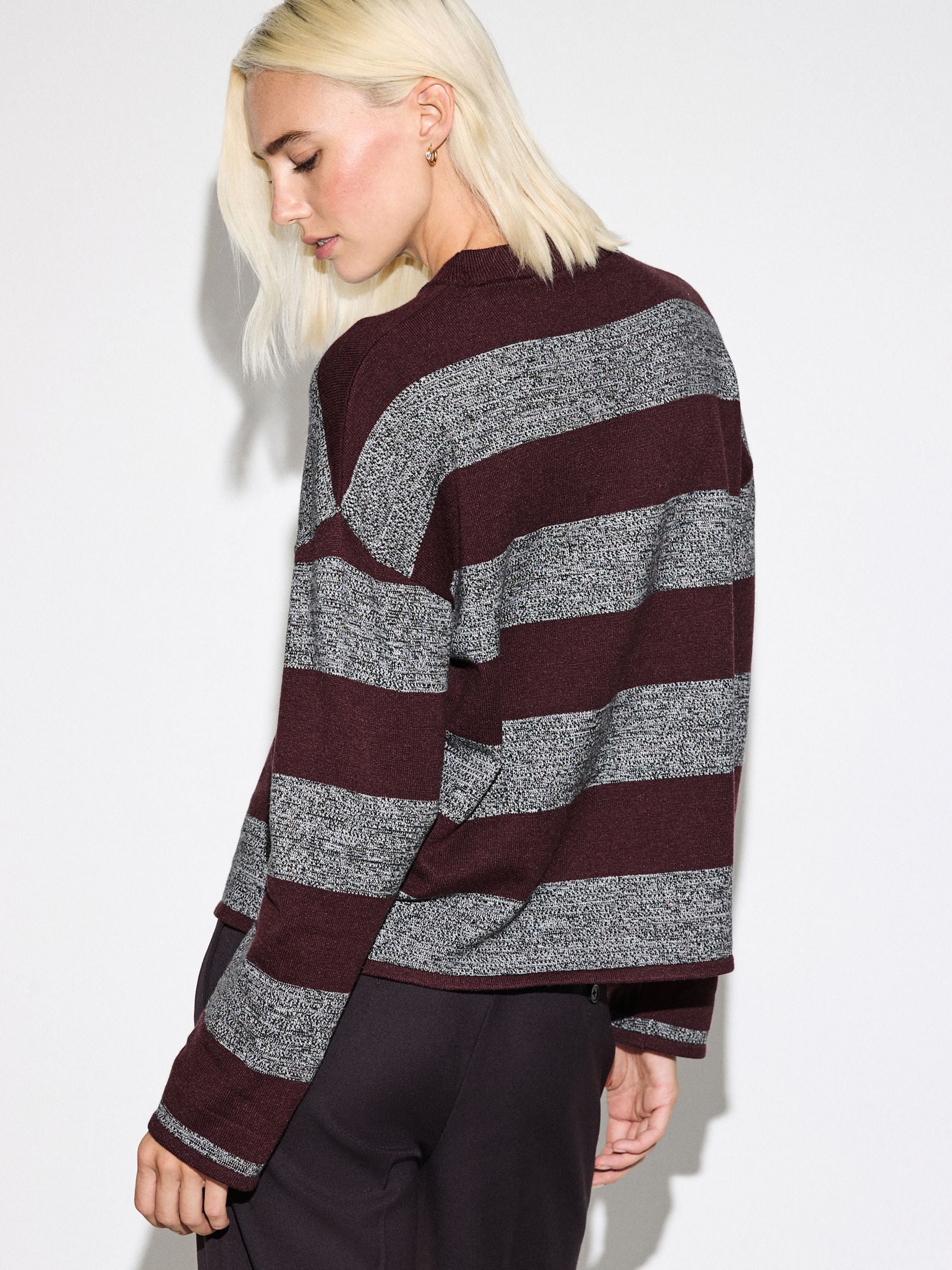 Striped Knit Look Crew Neck Jumper - Grey/Burgundy Striped - Regular - Location Worn