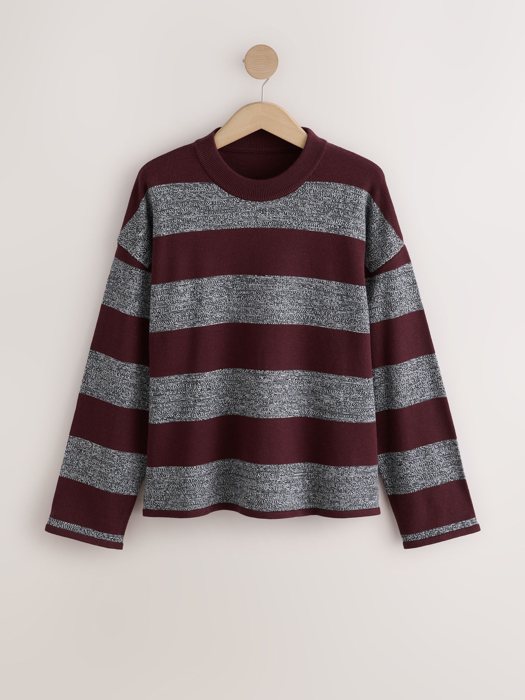 Striped Knit Look Crew Neck Jumper - Grey/Burgundy Striped - Regular - SIP Still Life