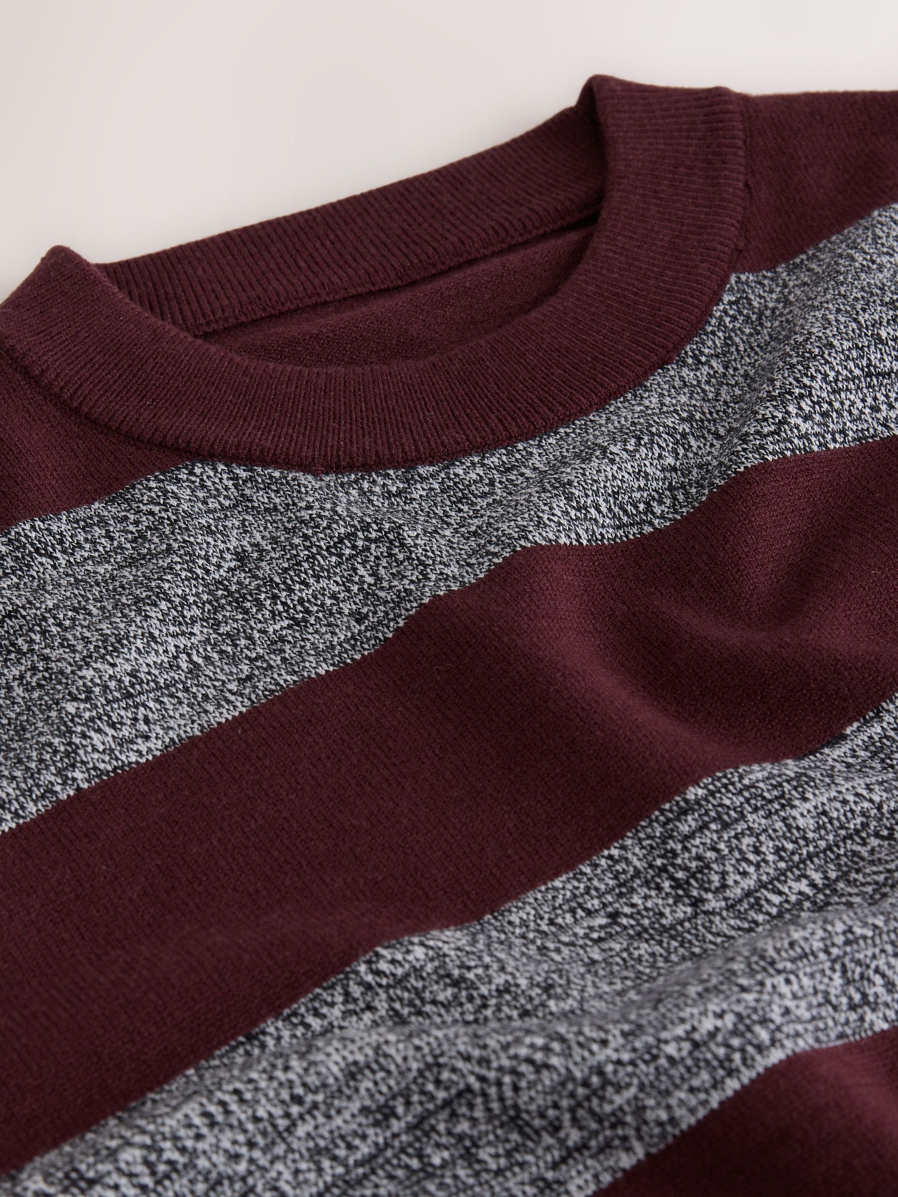 Striped Knit Look Crew Neck Jumper - Grey/Burgundy Striped - Regular - SIP Still Life