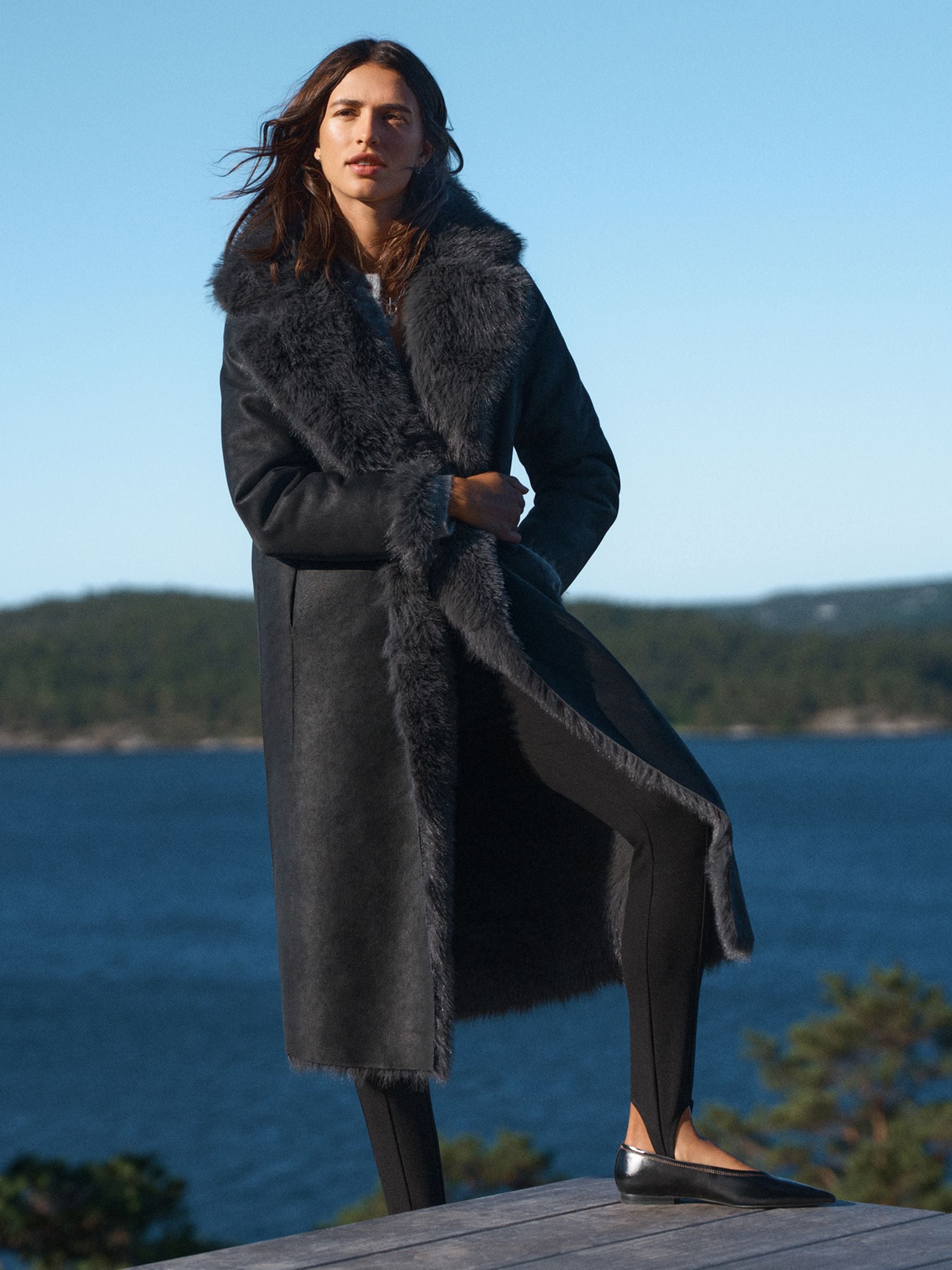 Reversible Faux Leather & Faux Fur Longline Coat - Black/Charcoal Grey - Regular - Location Worn