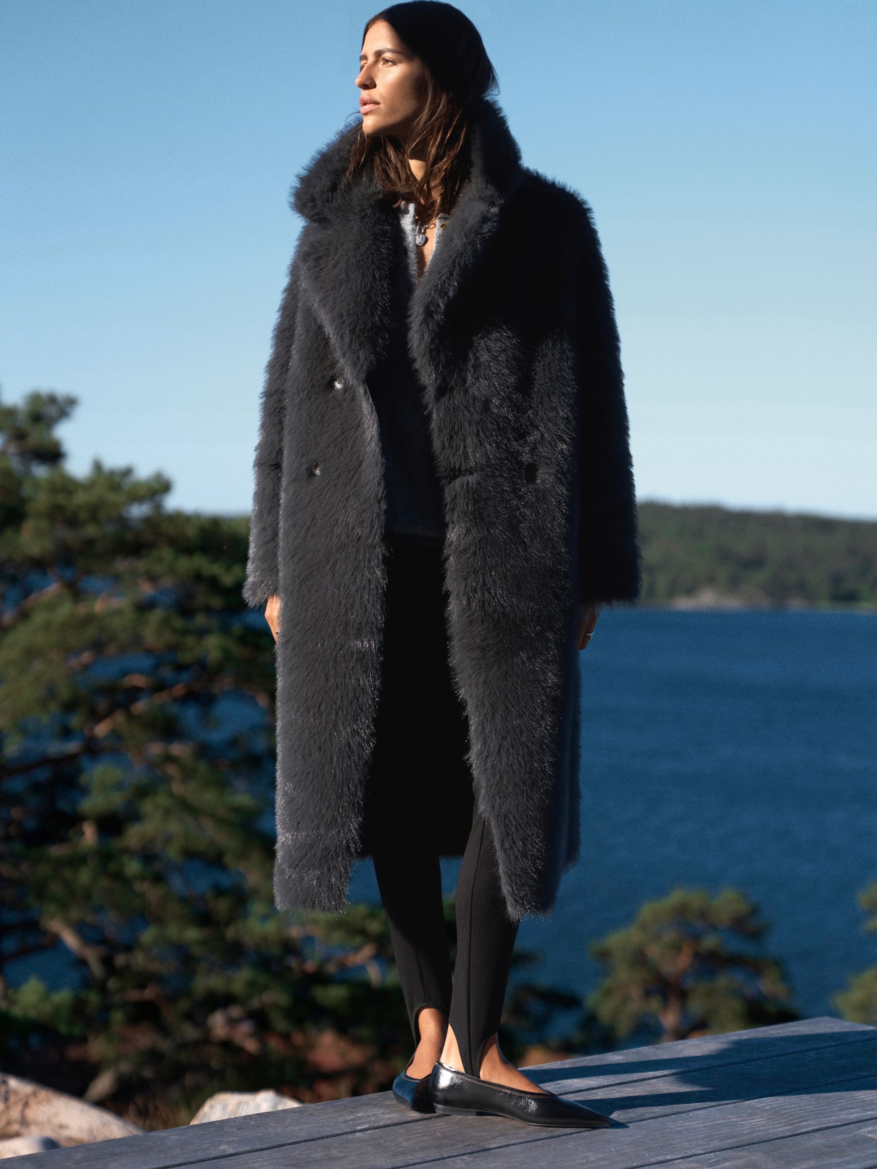 Reversible Faux Leather & Faux Fur Longline Coat - Black/Charcoal Grey - Regular - Location Worn