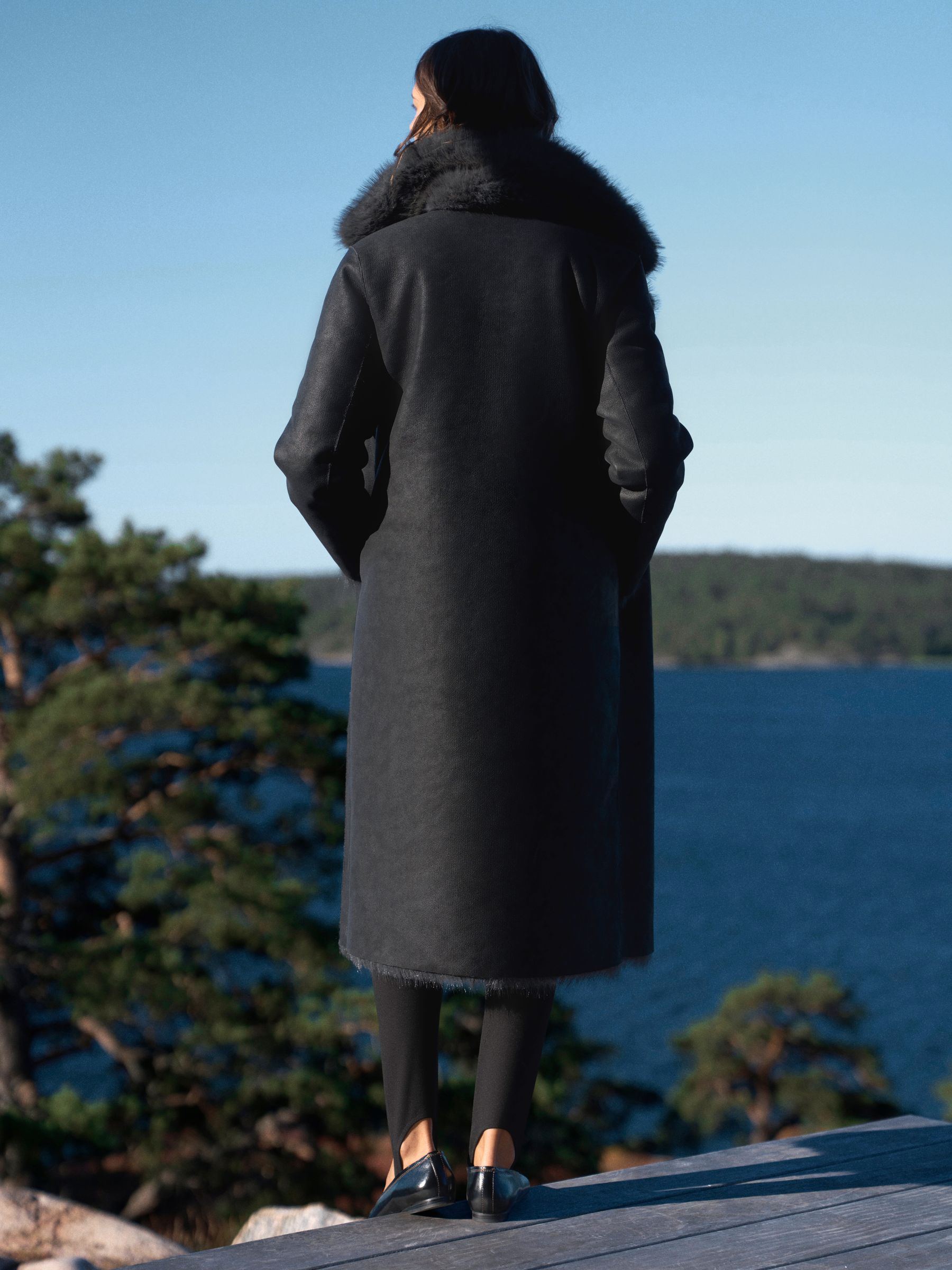 Reversible Faux Leather & Faux Fur Longline Coat - Black/Charcoal Grey - Regular - Location Worn