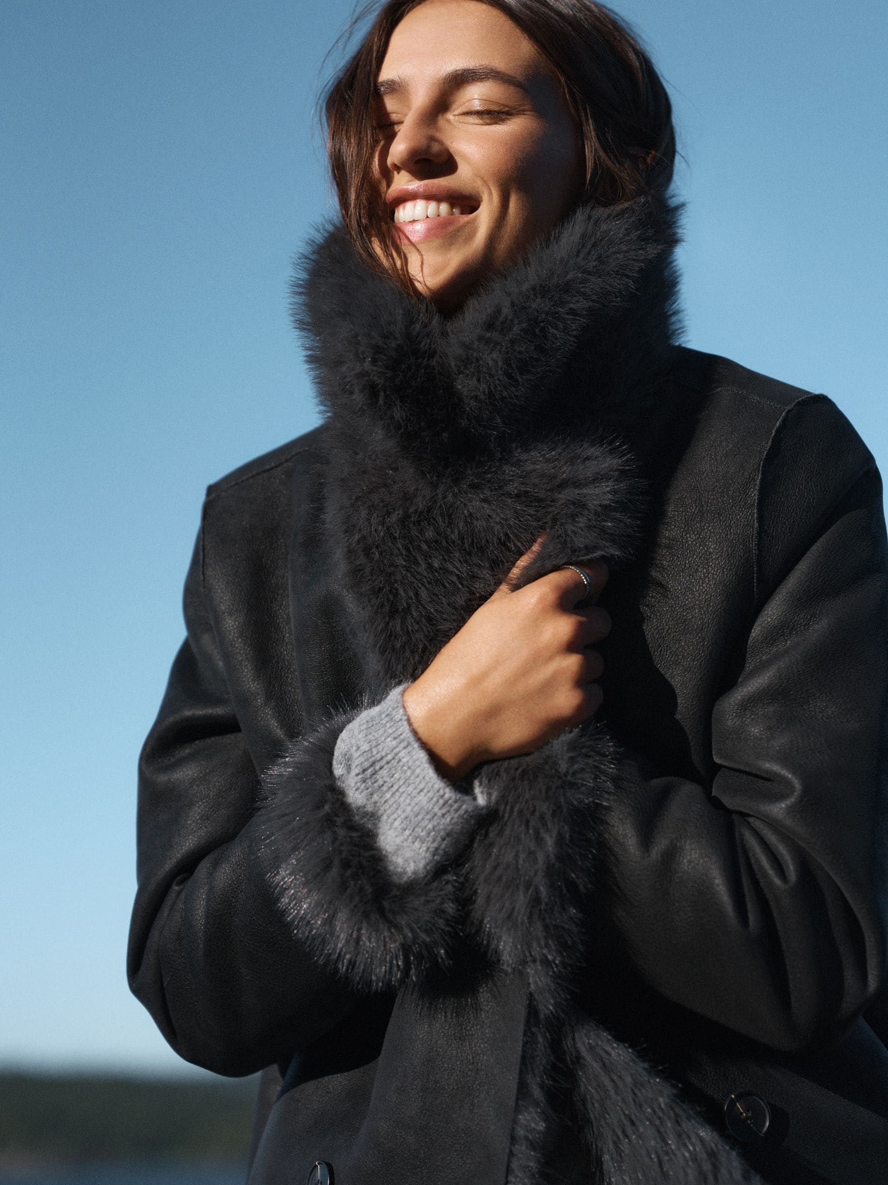 Reversible Faux Leather & Faux Fur Longline Coat - Black/Charcoal Grey - Regular - Location Worn