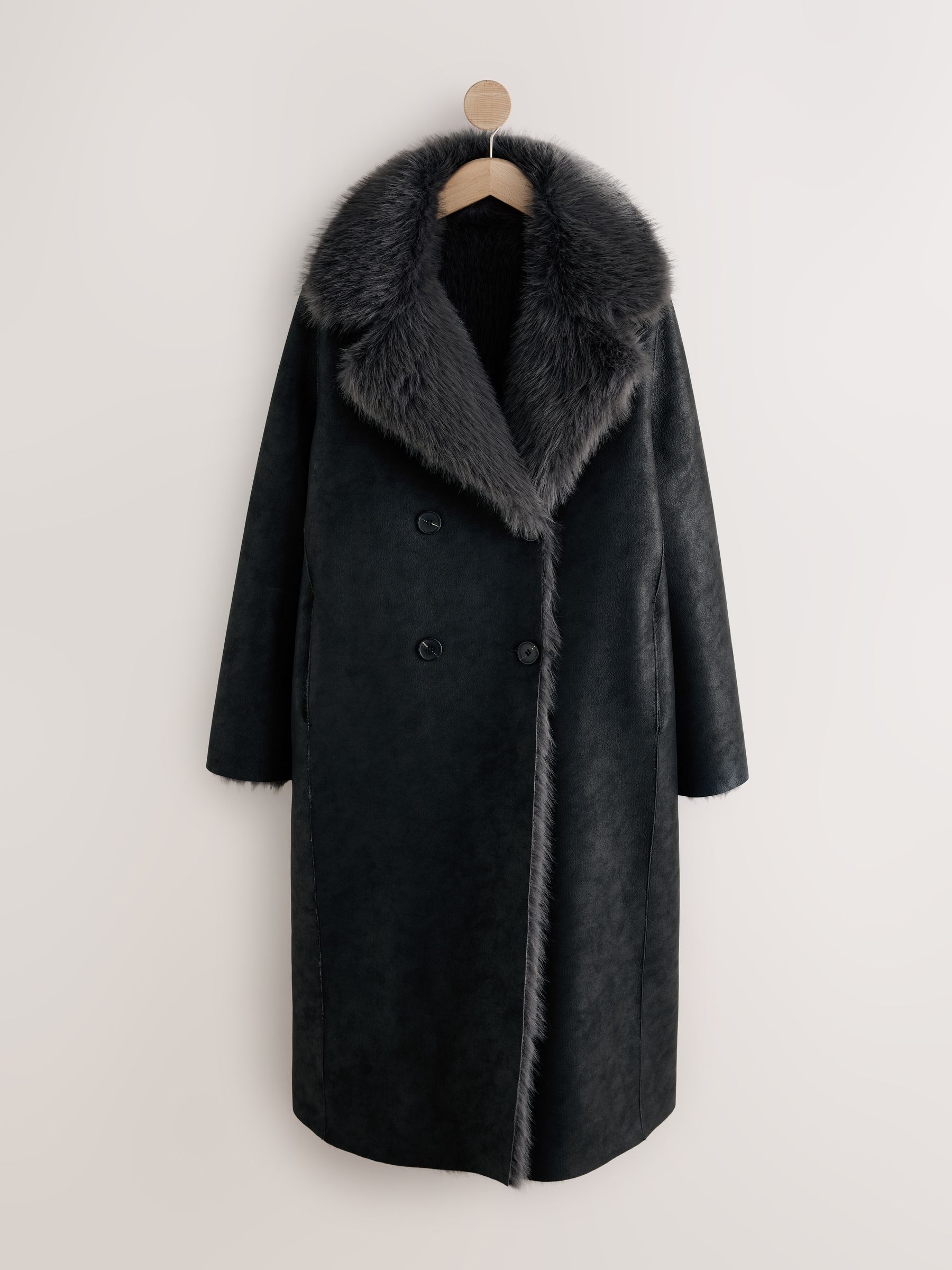 Reversible Faux Leather & Faux Fur Longline Coat - Black/Charcoal Grey - Regular - SIP Still Life