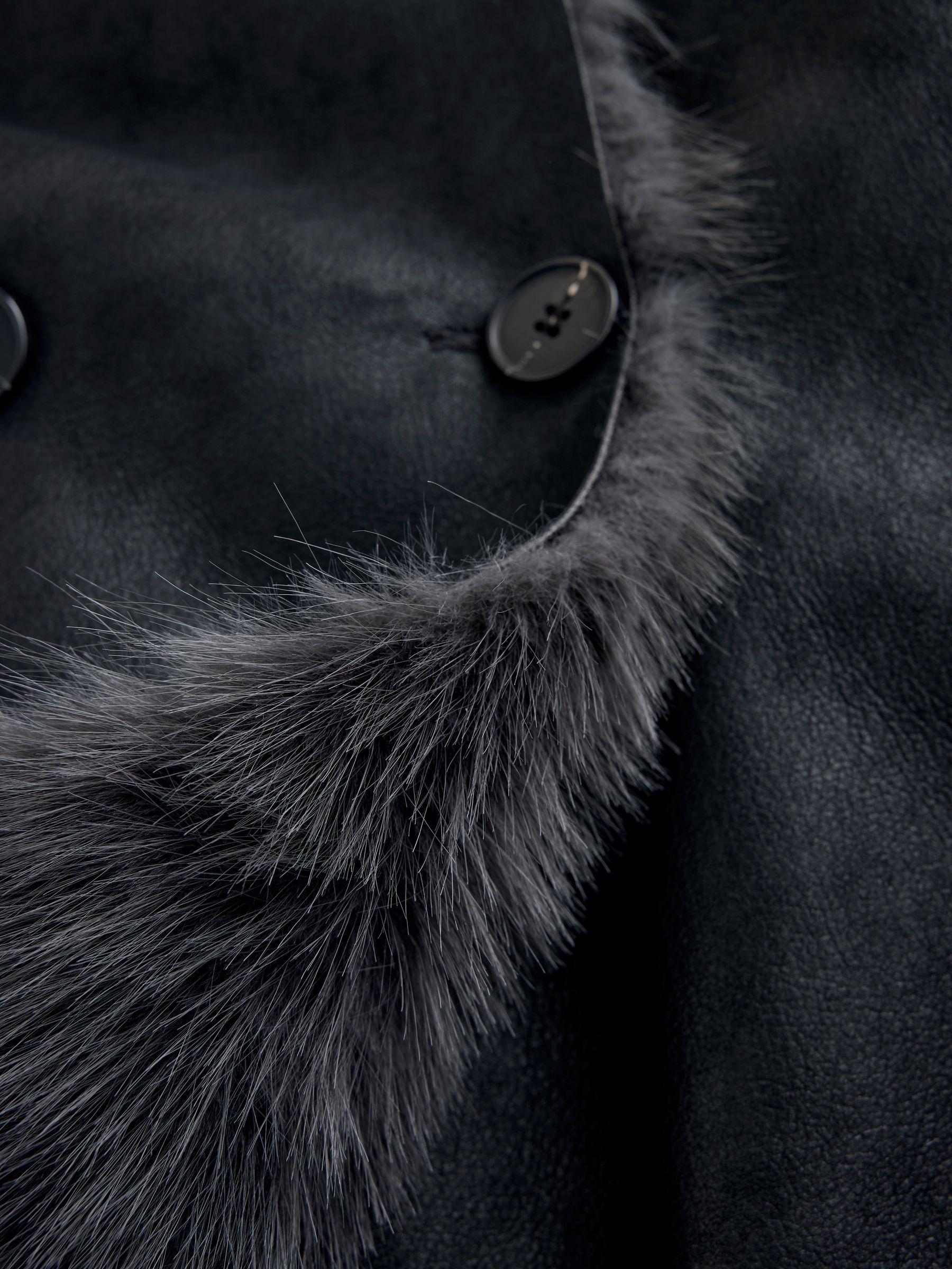 Reversible Faux Leather & Faux Fur Longline Coat - Black/Charcoal Grey - Regular - SIP Still Life