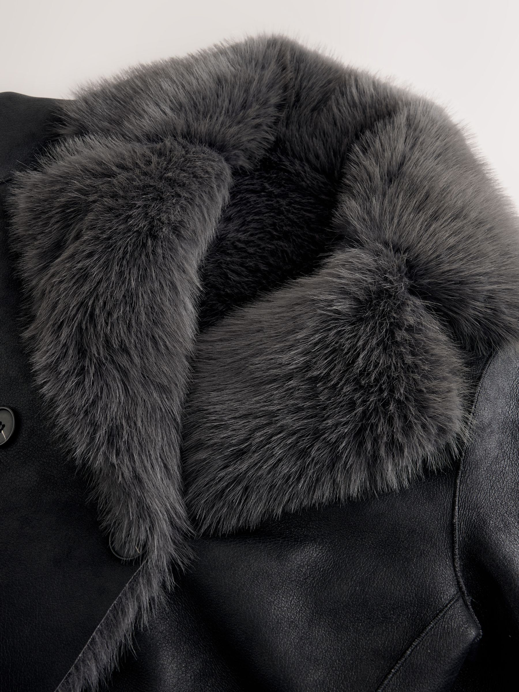 Reversible Faux Leather & Faux Fur Longline Coat - Black/Charcoal Grey - Regular - SIP Still Life