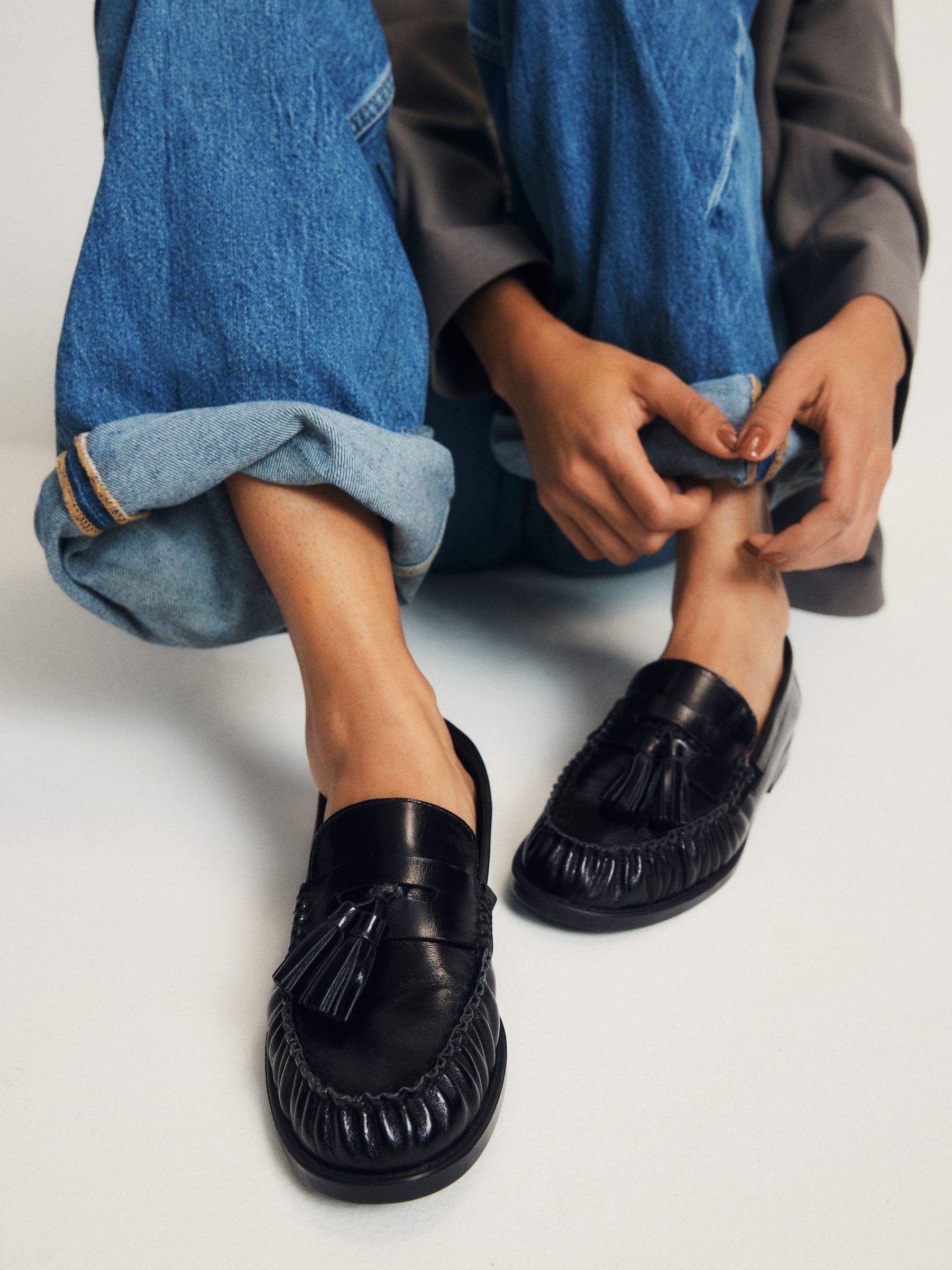 The Set Tassel Ruched Loafers - Black Leather - Regular - SIP Worn